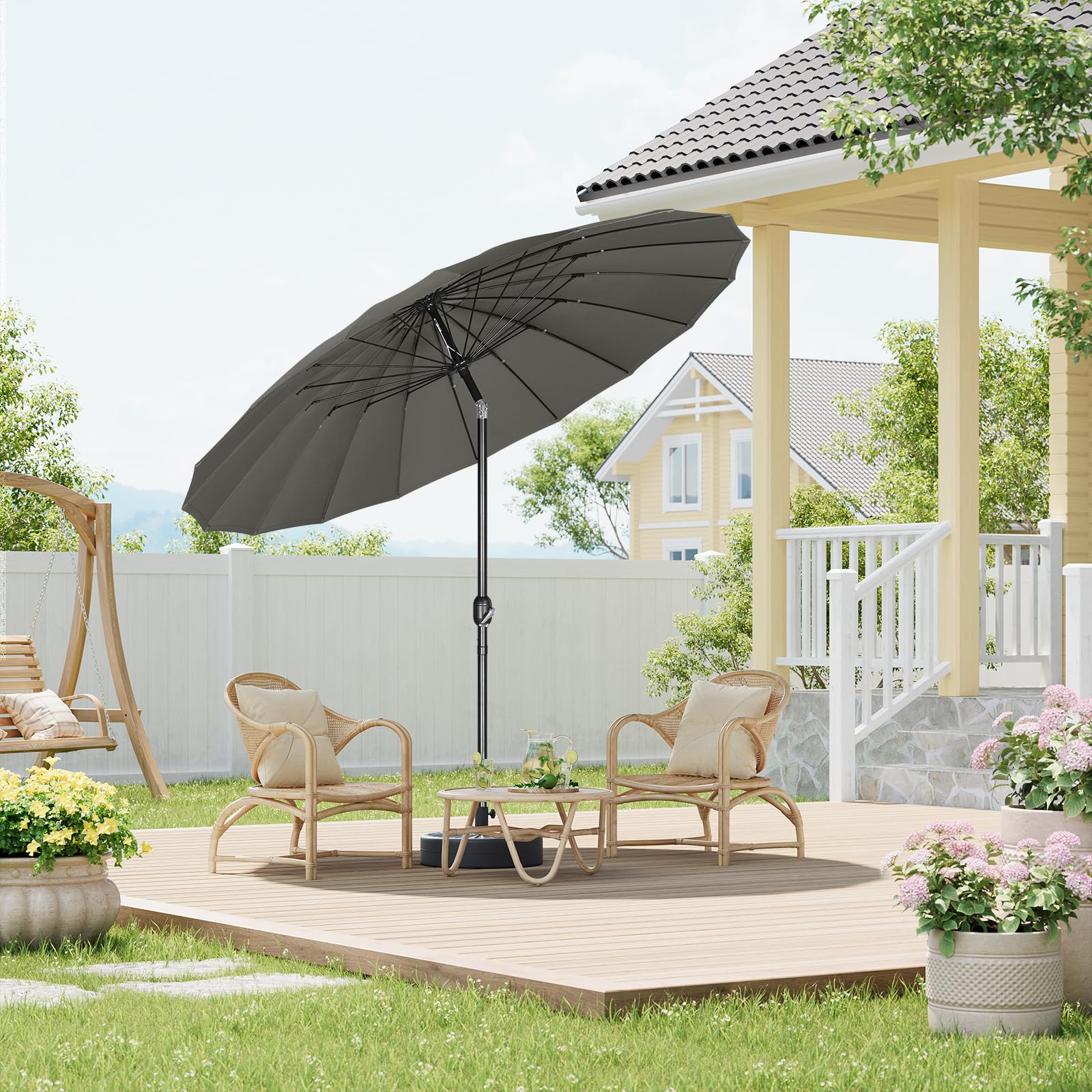 WOLTU Sombrilla de Jardín Grande, Ø257/273 cm, Sombrilla Playa con Manivela, Parasol de Exteriores con 18 Varillas Resistentes, Cortavientos, para Terraza, Patio, Piscina, Gris Oscuro