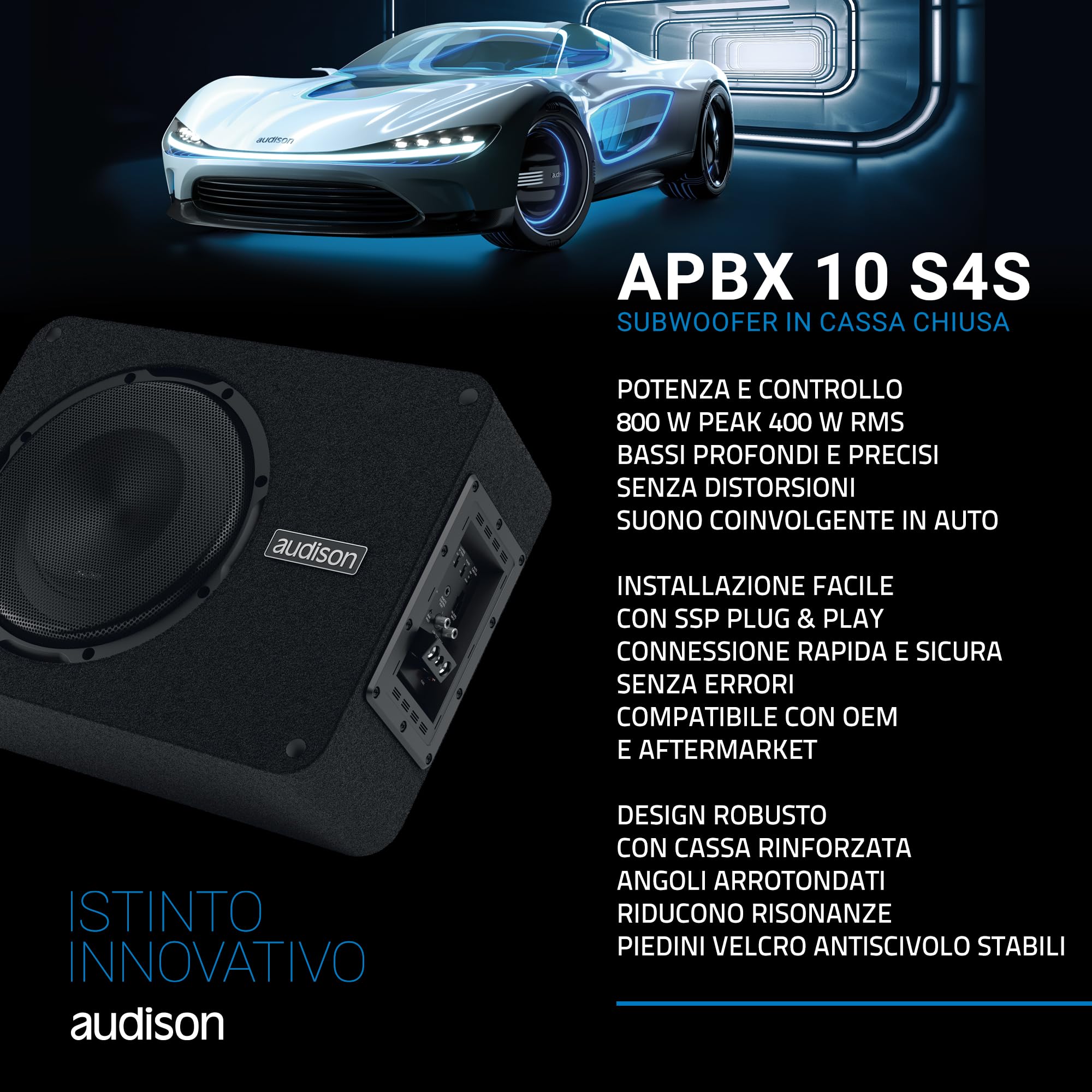 Audison APBX 10 S4S Subwoofer De Caja Sellada 250 mm, 400 W RMS, 800 W Potencia, Excursión Lineal 11 mm, Cono Papel Prensado Hidrófugo, Negro