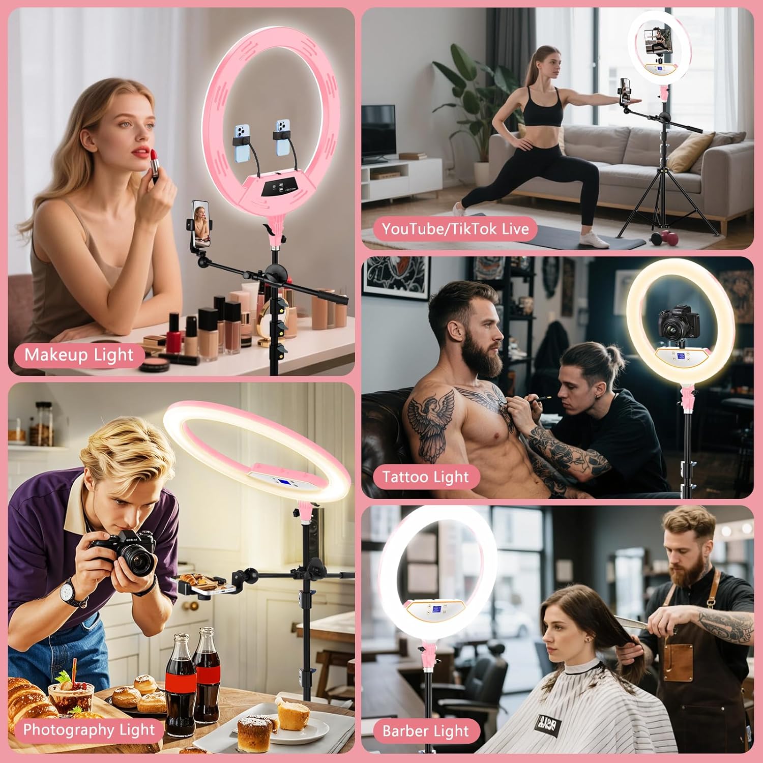 Ring Light with Stand 22inch Kit: Professional Ring Light Overhead Tripod for iPhone ipad, LCD Display/2 USB Ports for Makeup Barber Tattoo Lash Extension Video Photography Lighting (Pink) 22Inch Pink