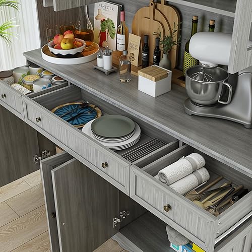 Miniatura 5 de AIEGLE Armario grande de cocina, armario de almacenamiento con puertas de vidrio, cajones y encimera, gabinete de almacenamiento de despensa