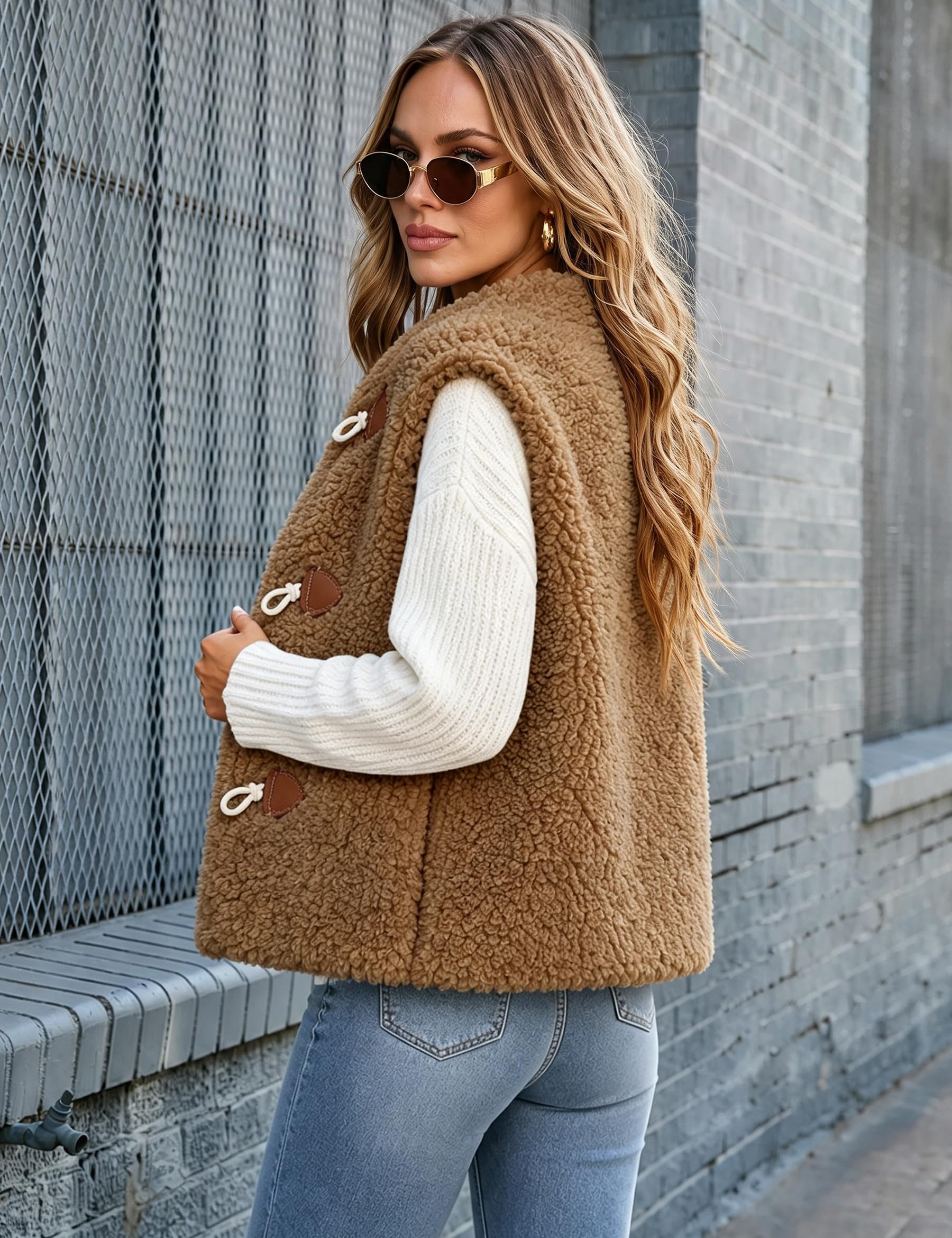 Gilet in pile da donna, con colletto soffice, senza maniche, con tasche