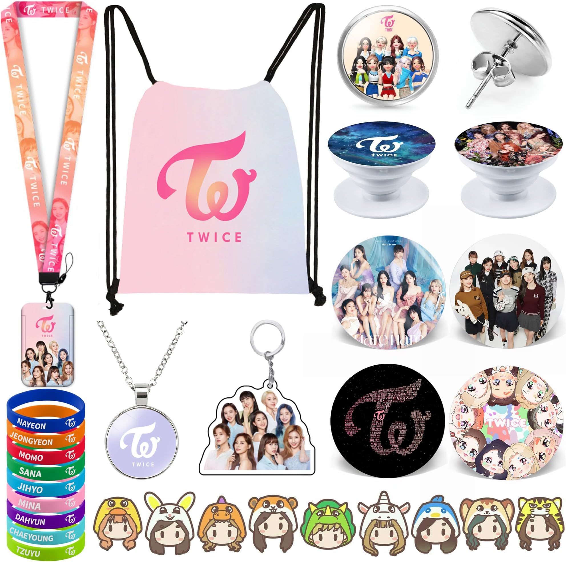 Twice Gifts Set, Including Drawstring Bag Backpack, Necklace, Earrings, Bracelets, Button Pins, Lanyard ID Holder, Keychain, Phone Ring Holder, Cartoon Badge