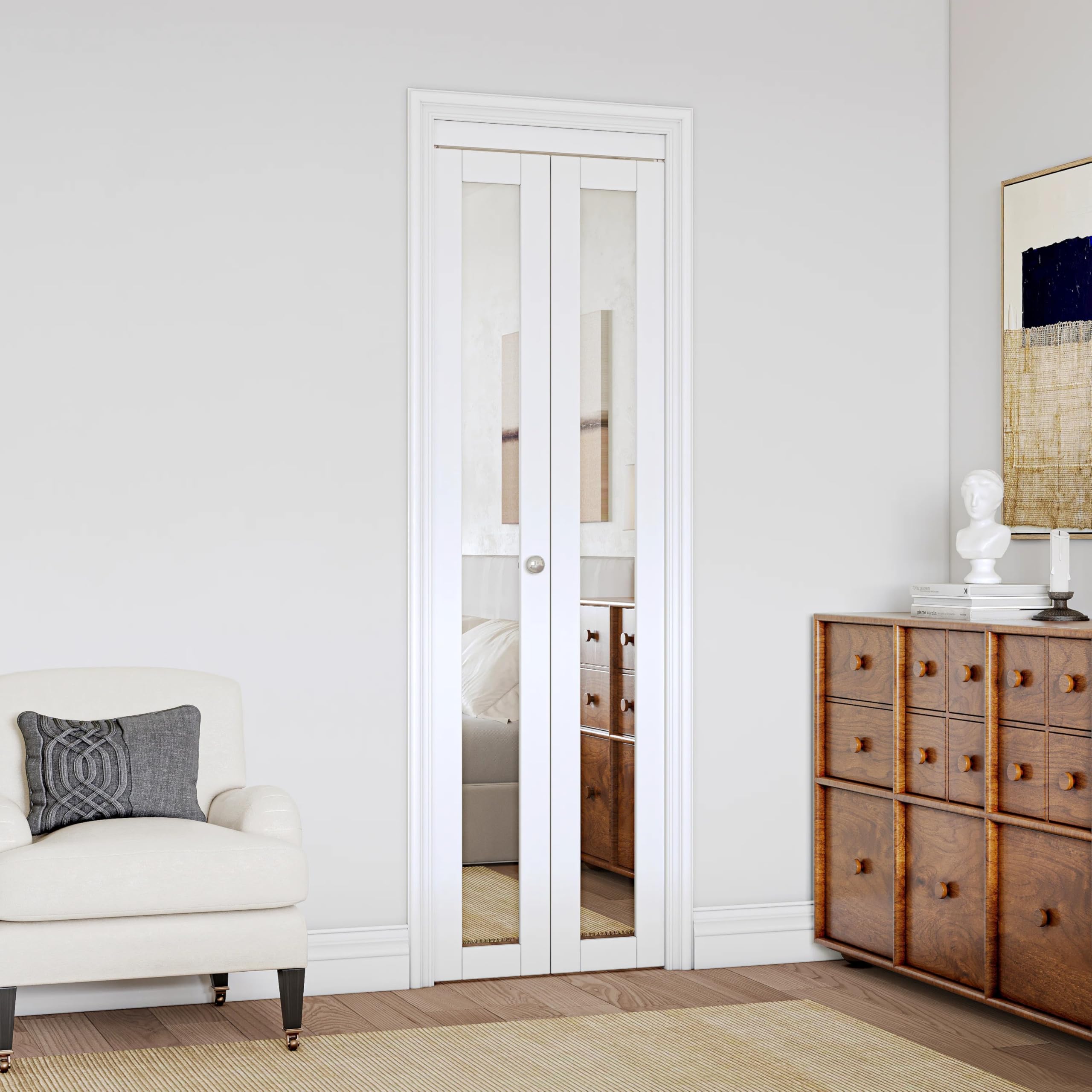 Mirrored Door Solid Manufactured Wood Bi-Fold Door with Installation Hardware Kit(Closet,Pantry), 