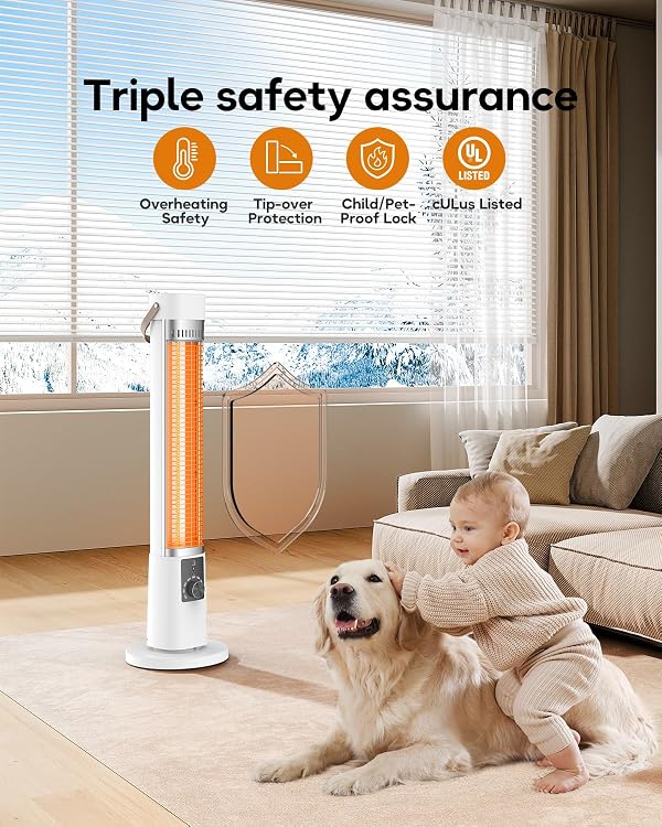 Patio Heater for Outdoor Use, Infrared Electric Outdoor Heater, 1500W Instant Heating, 60-Degree Oscillation, 9 Heat Levels, 9H Timer, Remote, Backyard, Large Room, Indoor, 32", White by AEROZY - Image 3