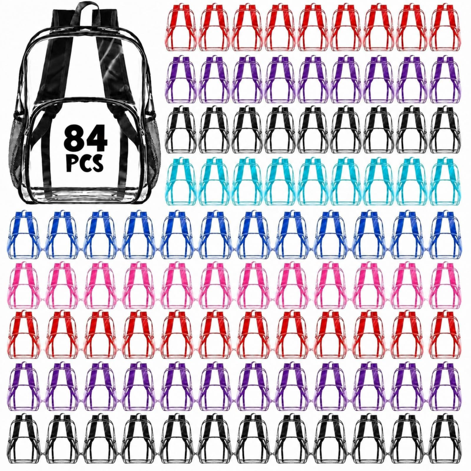 Amylove 84 Pcs Clear Backpack bulk for Stadium Events Heavy Duty PVC Transparent Bookbag for College Workplace Security (15 Inches,6 Colors)