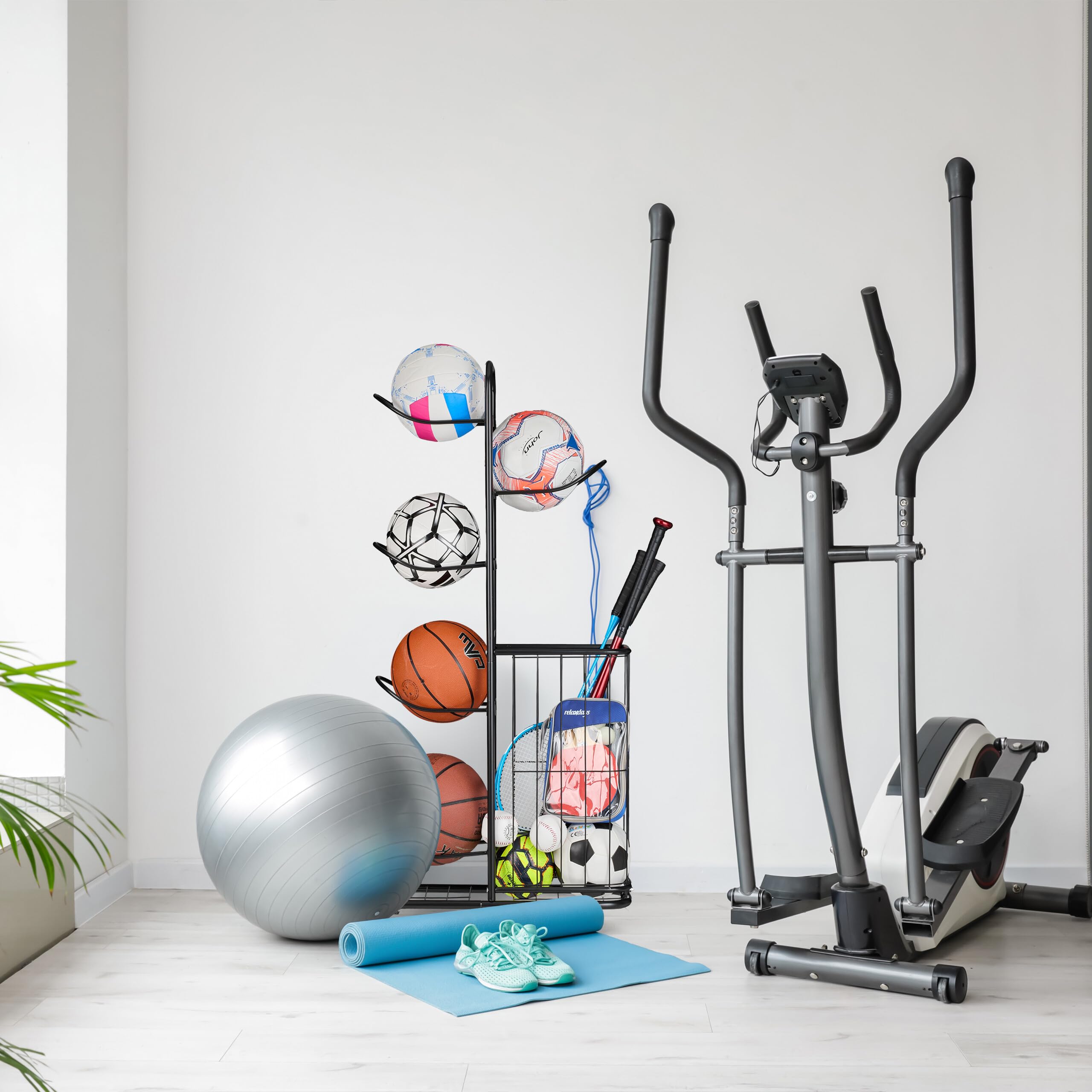 Relaxdays Scaffale per Attrezzatura Sportiva in Acciaio, Ceste per Palloni da Basket, Calcio, Pallavolo, Racchette, Nero