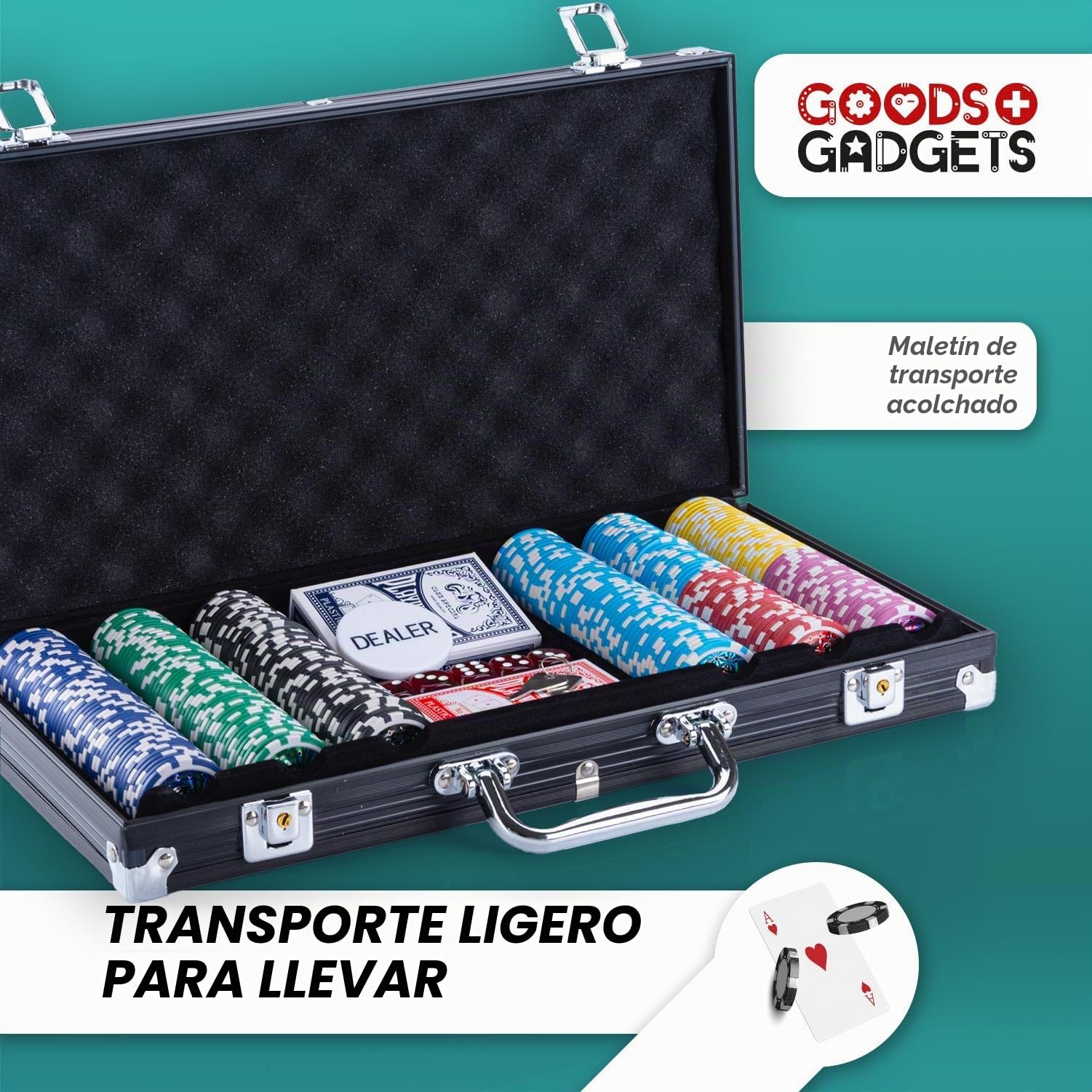 GOODS+GADGETS Maletín de Póquer con 300 a 500 Fichas, Baraja de Cartas, Dados y Botón del Crupier - Maleta de Aluminio con Cerradura (Negro, 300 Fichas)