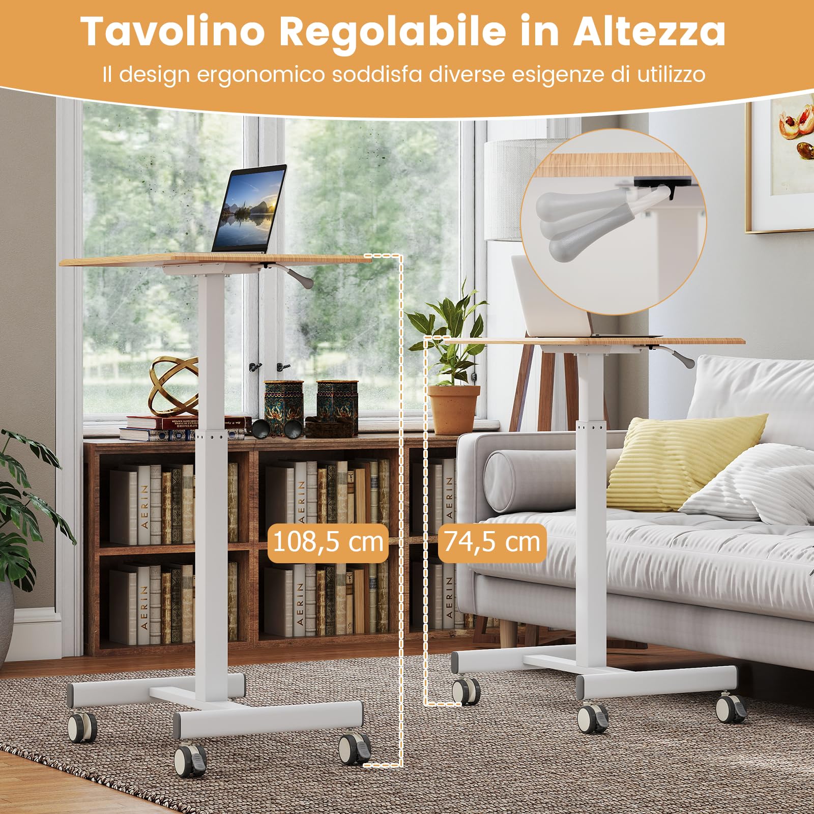 COSTWAY Tavolino da Divano e Letto con Ruote Bloccabili, Tavolino Porta PC Regolabile in Altezza con Pistone a Gas, Ruote Lisce, Base a Forma di H, Ideale per Lavorare e Mangiare