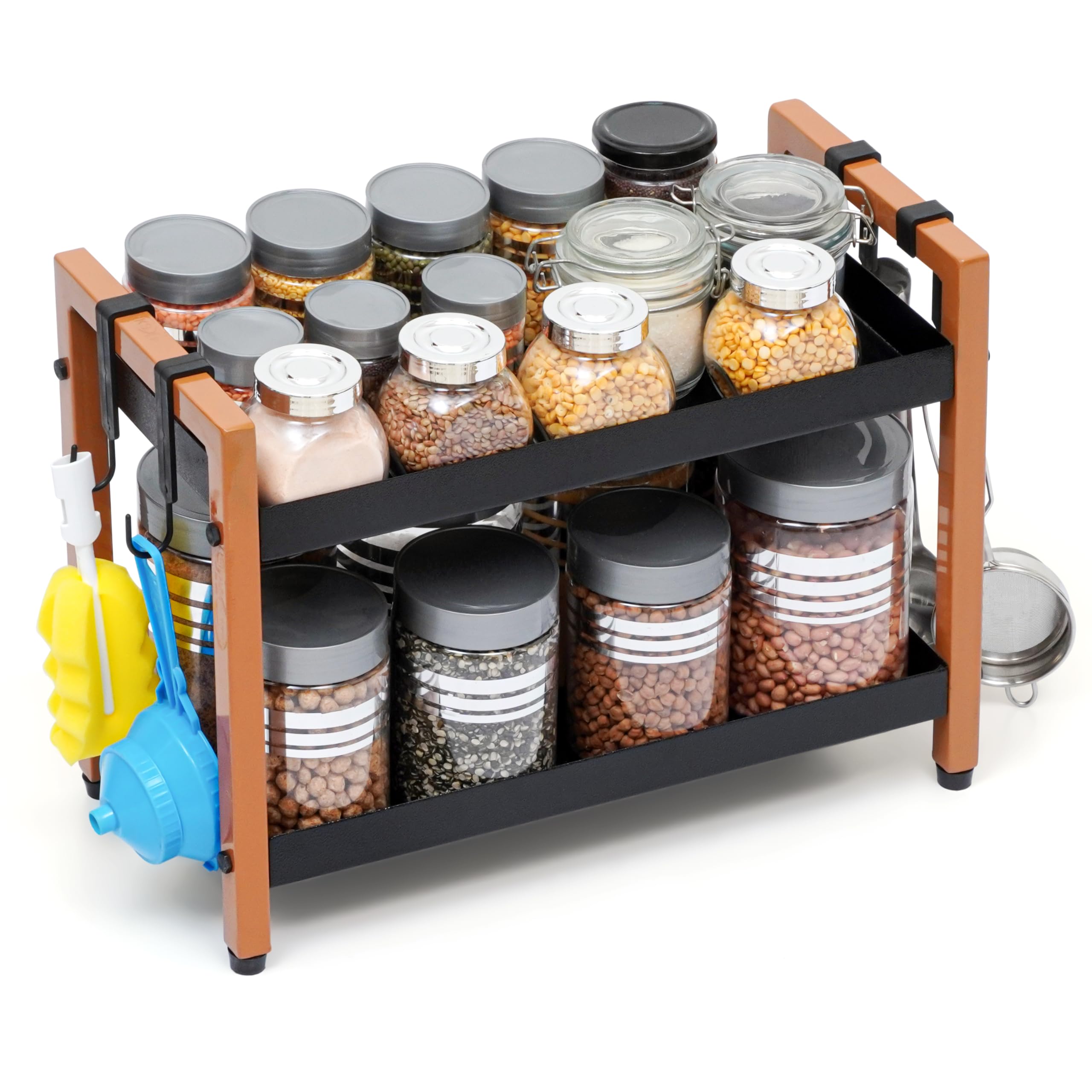 Livzing Metal 2 Tier Spice Rack for Kitchen Space Saving Countertop Storage Racks Cosmetics Organizer Kitchen Shelf Bathroom Organizer Stand Multipurpose Tiered Shelves With Plastic Hooks- Black