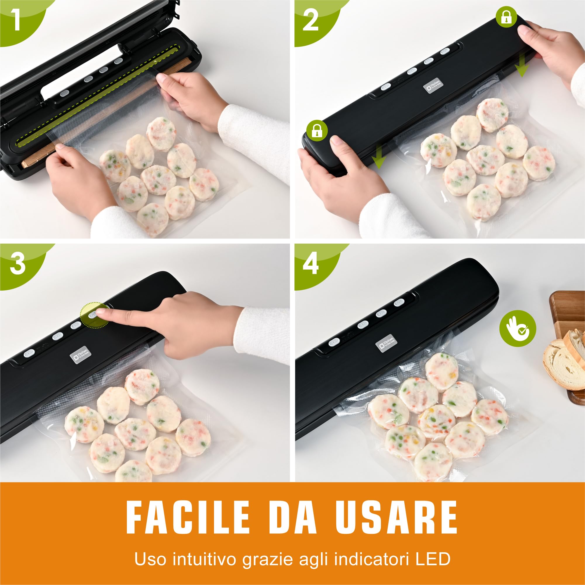 Kitchen in the Box Macchina Sottovuoto Alimenti 5 in 1, Sigillatore Sottovuoto Automatico per Alimenti Secchi e Umidi, Temperatura Regolabile, Sigillatura Veloce da 5mm, 15 Sacchetti e Tubo Inclusi