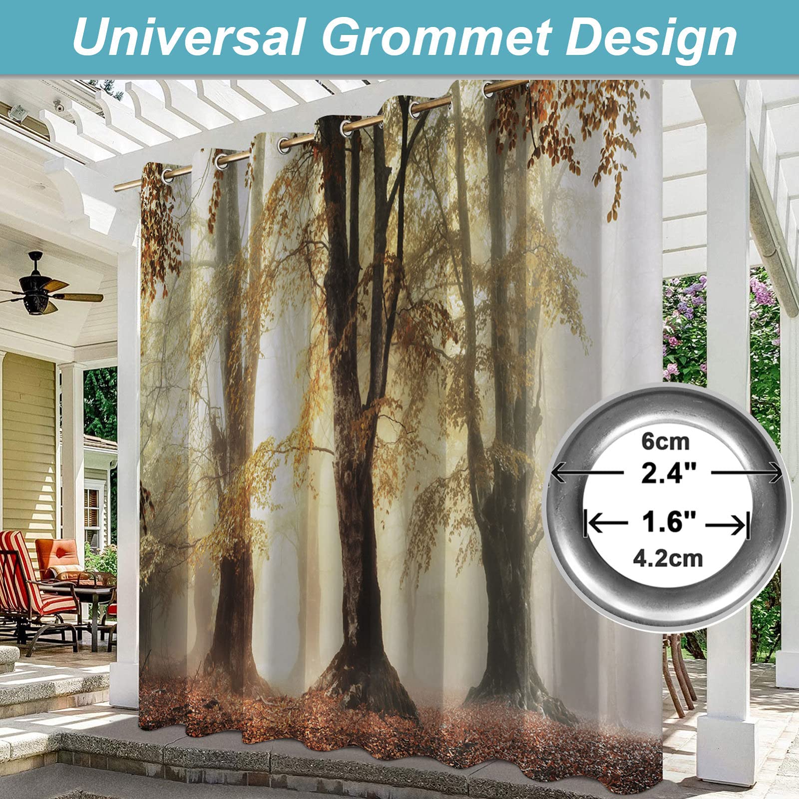 Rideaux d'extérieur imperméables avec motif paysage forestier pour pergola, rideaux occultants à isolation thermique pour tonnelle avec œillets imprimé (2 panneaux, 132 x 213 cm)