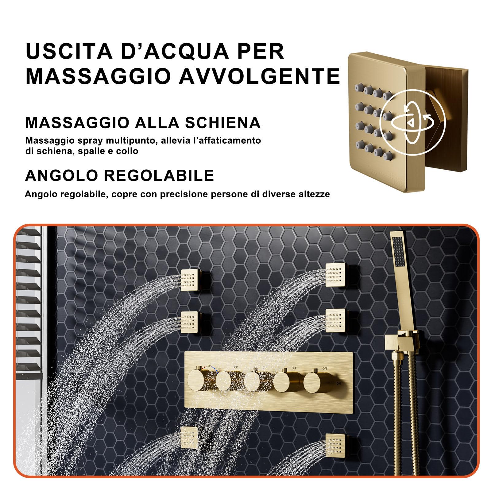 Miscelatore Doccia Incasso, Colonna Doccia Idromassaggio,64 Colori RGB | Musica Colonna Doccia Idromassaggio Senza Miscelatore, 6PCS Getti Idromassaggio, 38℃ Termostatico, Oro spazzolato