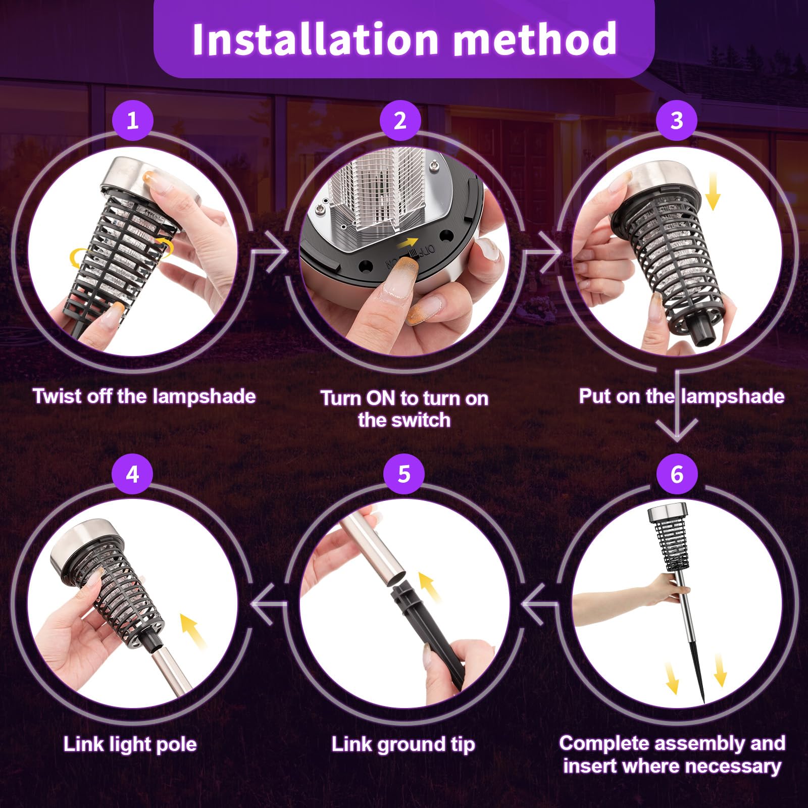 Qualirey 12 Stück Solar Insektenvernichter für den Außenbereich, Violett und warmes Licht, Silber | Mückenschutz Solarbetrieben Wasserdicht LED Licht Lampe Fliegeninsektenvernichter für Outdoor Terrasse Hof Garten Rasen