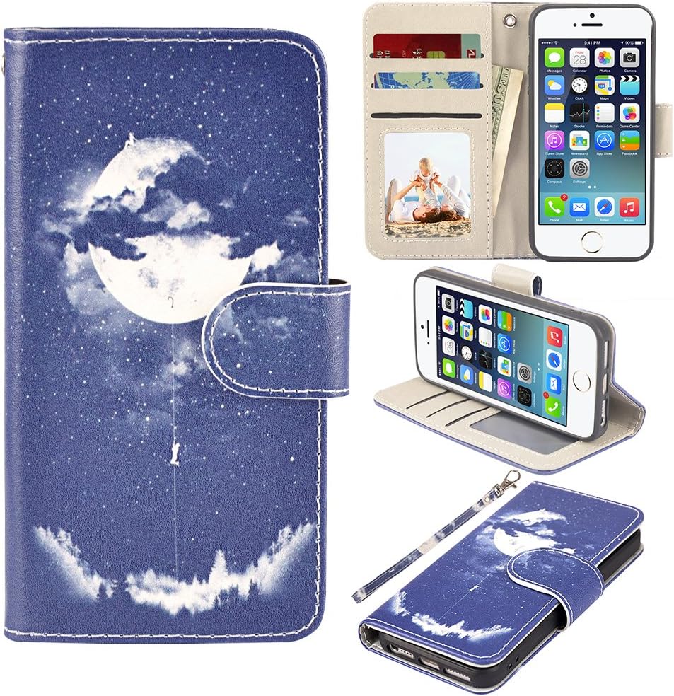 UrSpeedtekLive iPhone 5/5s/SE Case, iPhone 5/5s/SE Wallet Case, Premium PU Leather Wristlet Flip Case Cover with Card Slots & Stand for iPhone 5/5s/SE, Night Sky