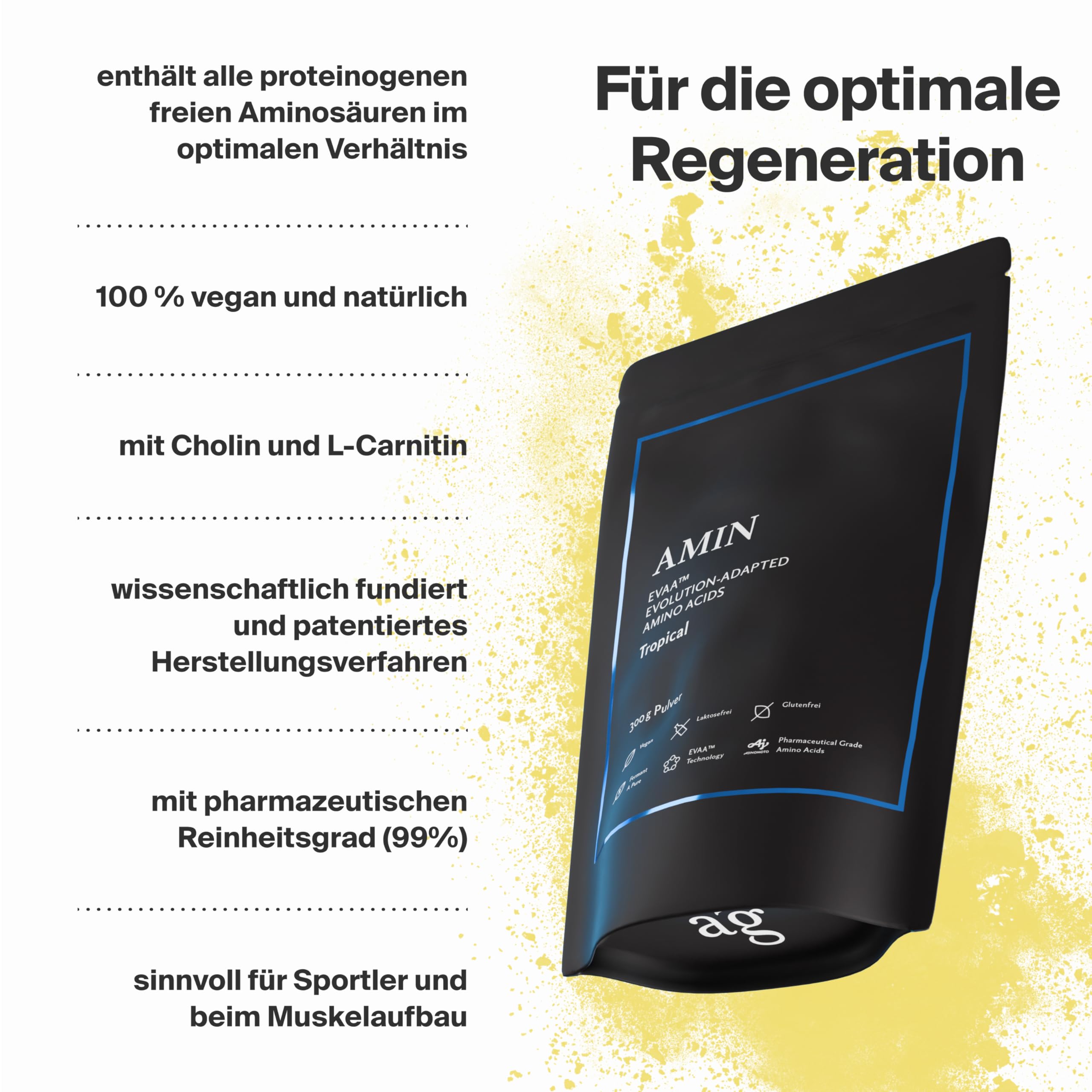 AMIN – Patentierter EVAA™ Aminosäuren-Komplex mit BCAAs & EAAs | 300g, TROPICAL | Ideal für Muskelaufbau & Regeneration | 100% Veganes Proteinpulver | <99% Reinheit, ohne Zusatzstoffe