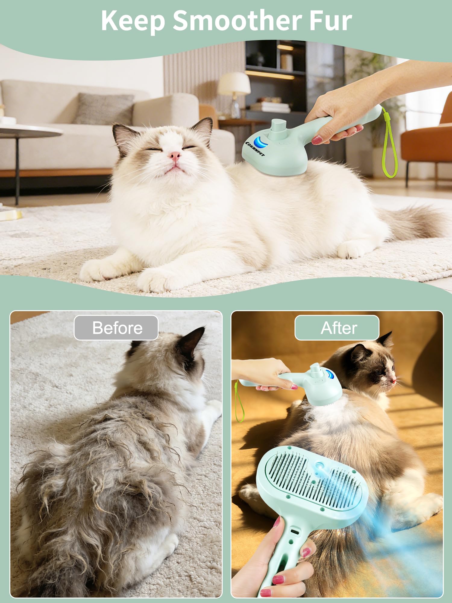 Cepillo de vapor 5 en 1 para perros y gatos con botón de vapor y liberación, herramienta de aseo para mascotas de interior, eliminación de pelo de gato, agua para animales pequeños, pelo largo y corto