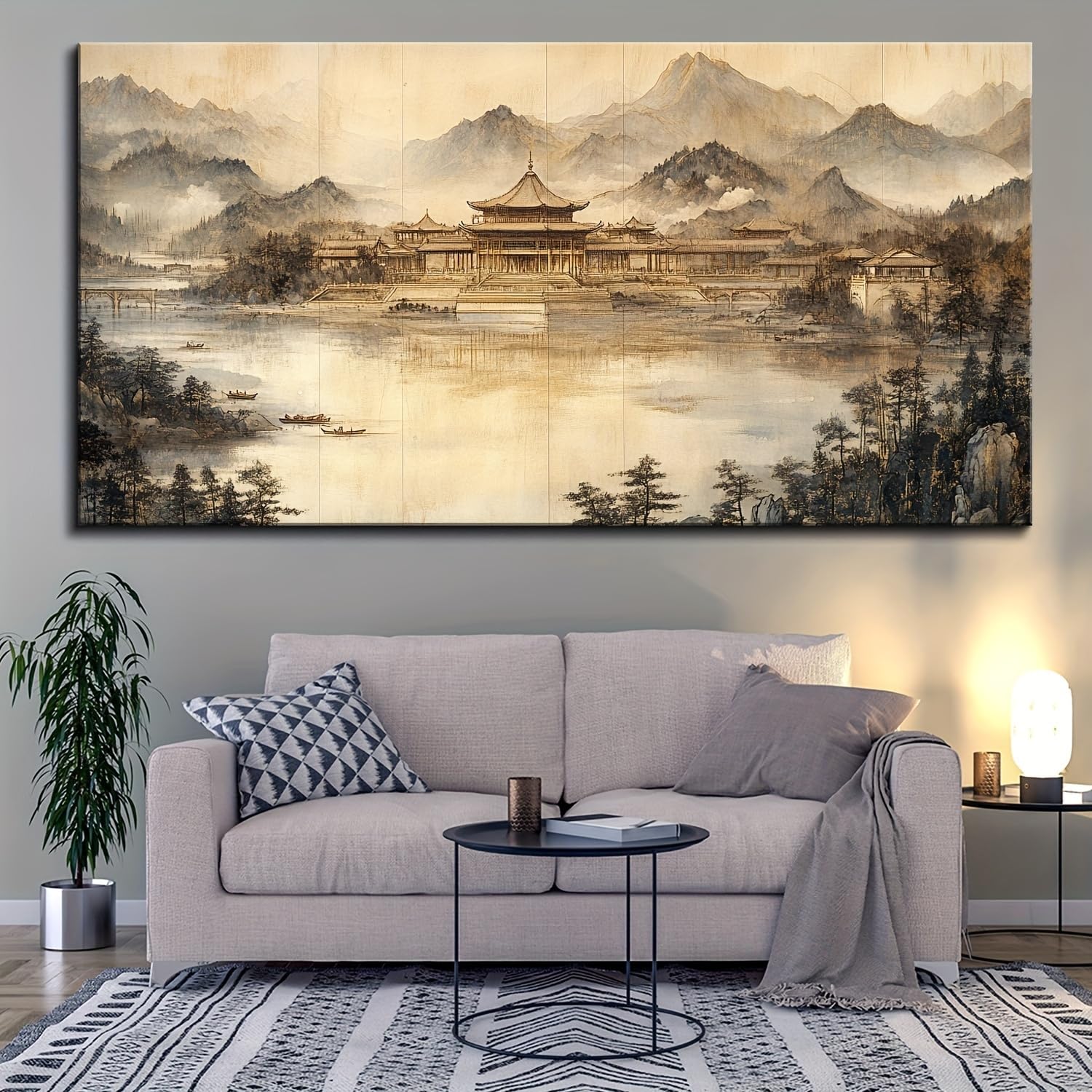 JKEVCBIAX Chinese Ink Landscape Canvas Art-Serene Mountain &Tranquil Lake Waterfall Scenery Scene Elegant Bedroom or Office Wall Decor(60x120cm/No frame)