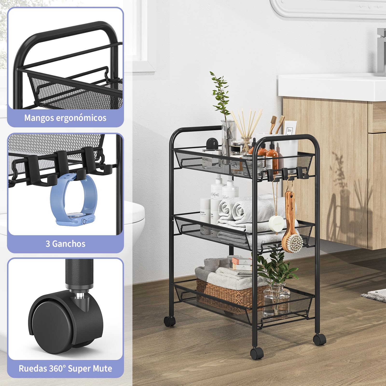 Urackify Carrito Auxiliar con Ruedas 3 Niveles, Carro Cocina Móvil para Baño, Cocina Carro de Almacenamiento con Ruedas de Metal Resistente al Óxido, Negro