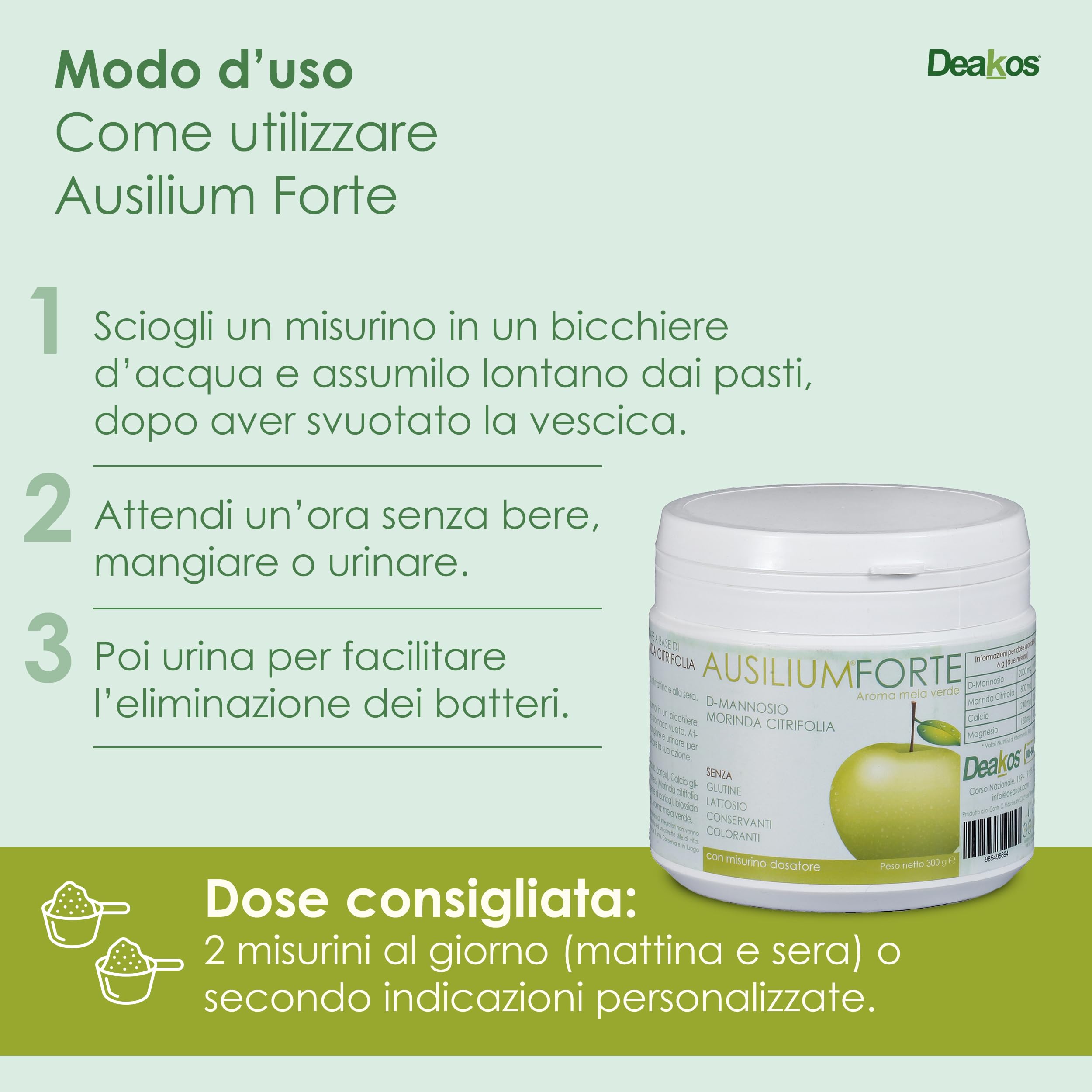 Deakos Ausilium Forte 300g - Integratore Cistite Donna e Benessere delle Vie Urinarie - In Polvere Gusto Mela Verde - A base di D Mannosio Puro e Morinda Citrifolia - Senza Glutine e Lattosio