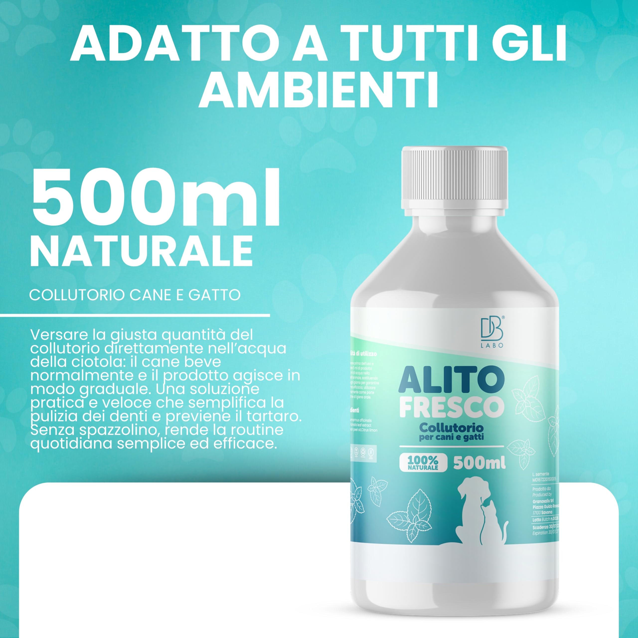DB Labo Colluttorio per cani 500ml Anti Tartaro Additivo Acqua Igiene Orale