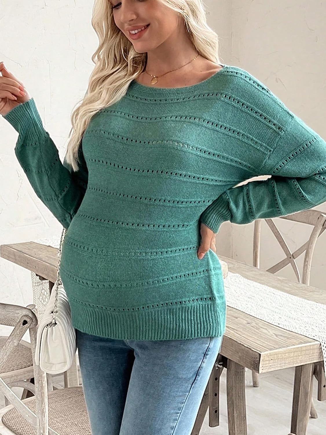 MakeMeChic Women's Maternity Sweater Crew Neck Long Sleeve Hollow Out Knitted Pullover Tops