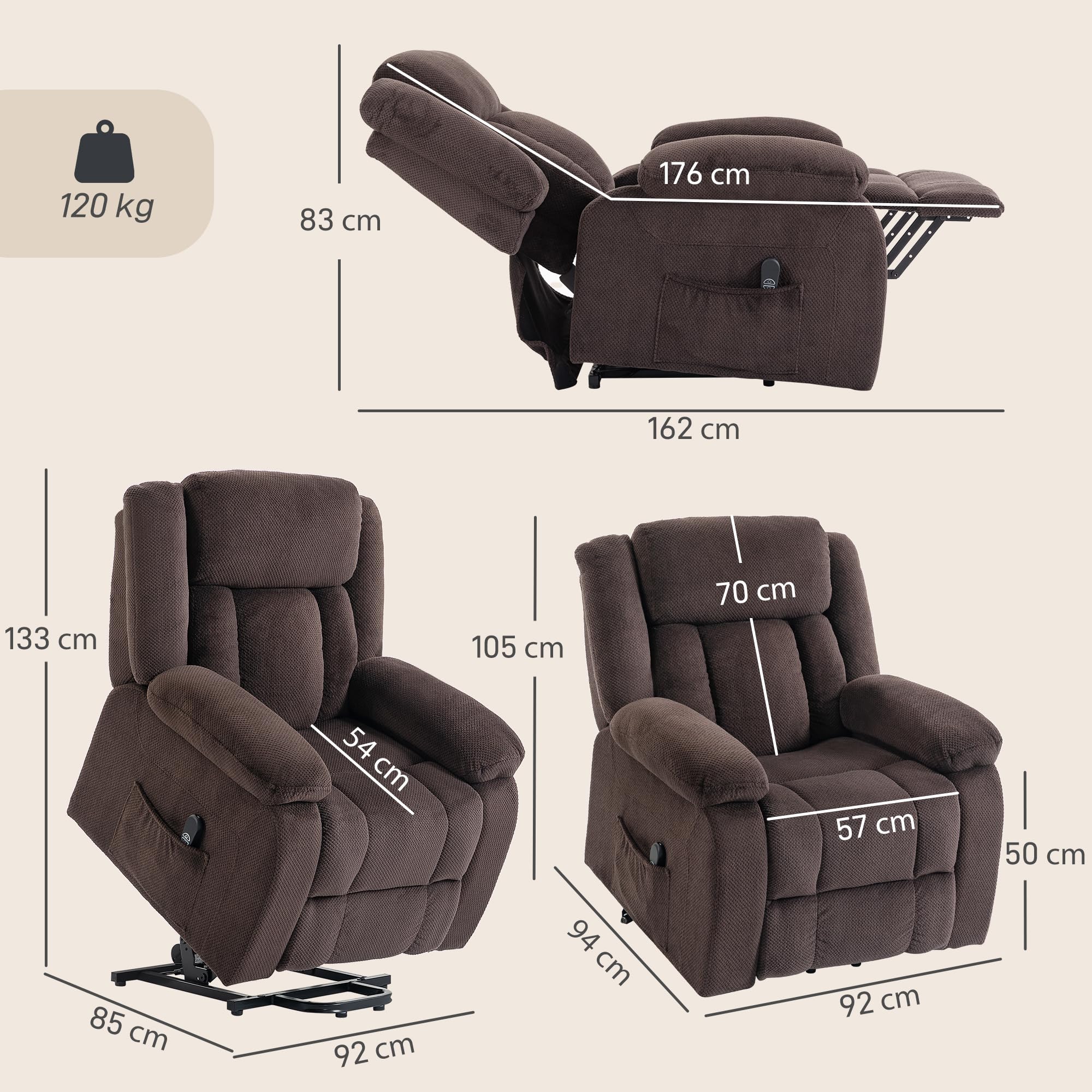 HOMCOM Sillón Relax Reclinable Eléctrico Levanta Personas, con Puerto USB, Sillón Elevador, con Control Remoto, Asiento Ancho, Reposapiés, Tapizado en Terciopelo, Bolsillos Laterales, Marrón