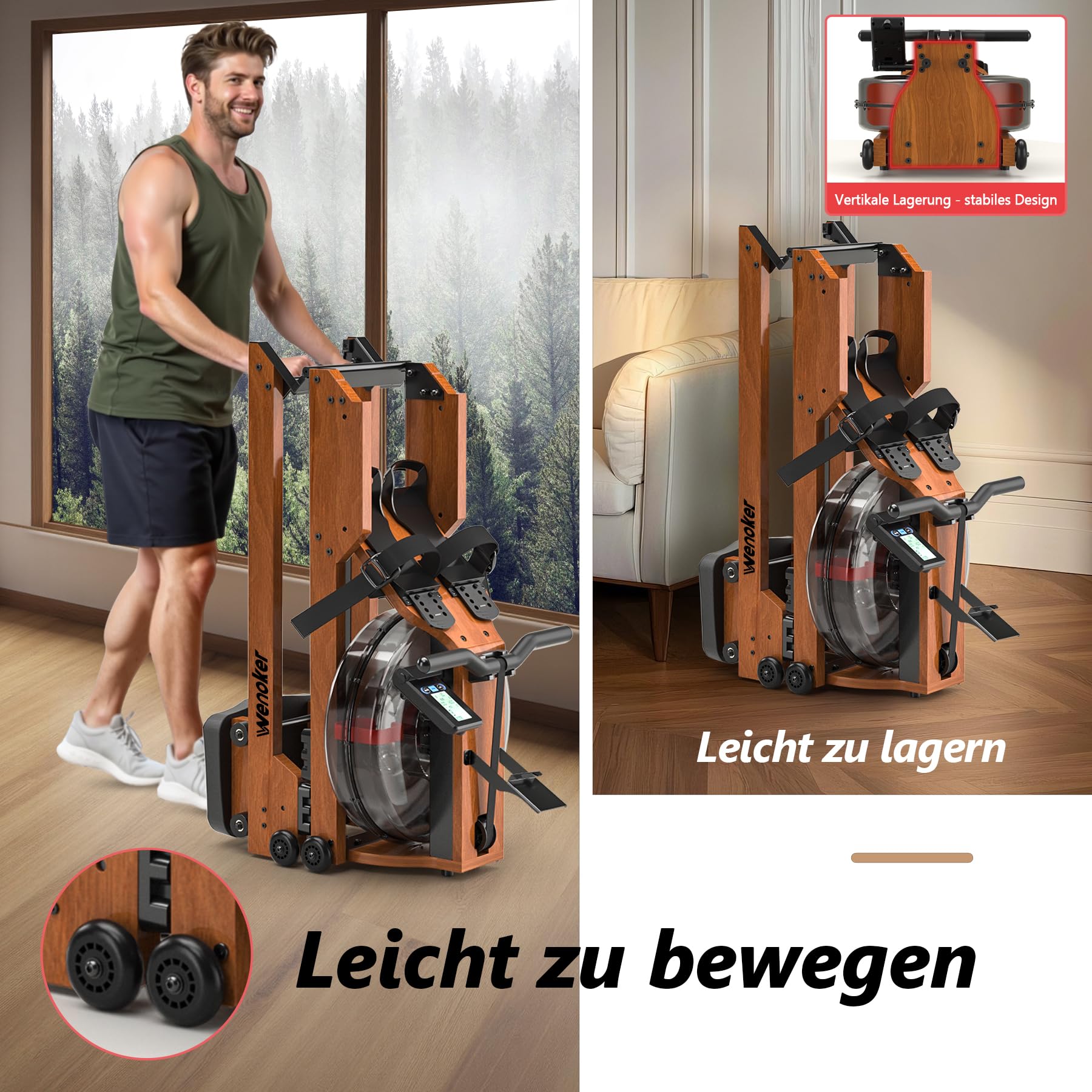 Wenoker Wasser Rudergerät für Zuhause aus FSC-Massiv-Eiche -180° Klappbares | Bluetooth & Kinomap App Anbindung, 6 Widerstandsstufen, Dual Slide Rail, 98% Vormontiert, 150kg Belastbarkeit