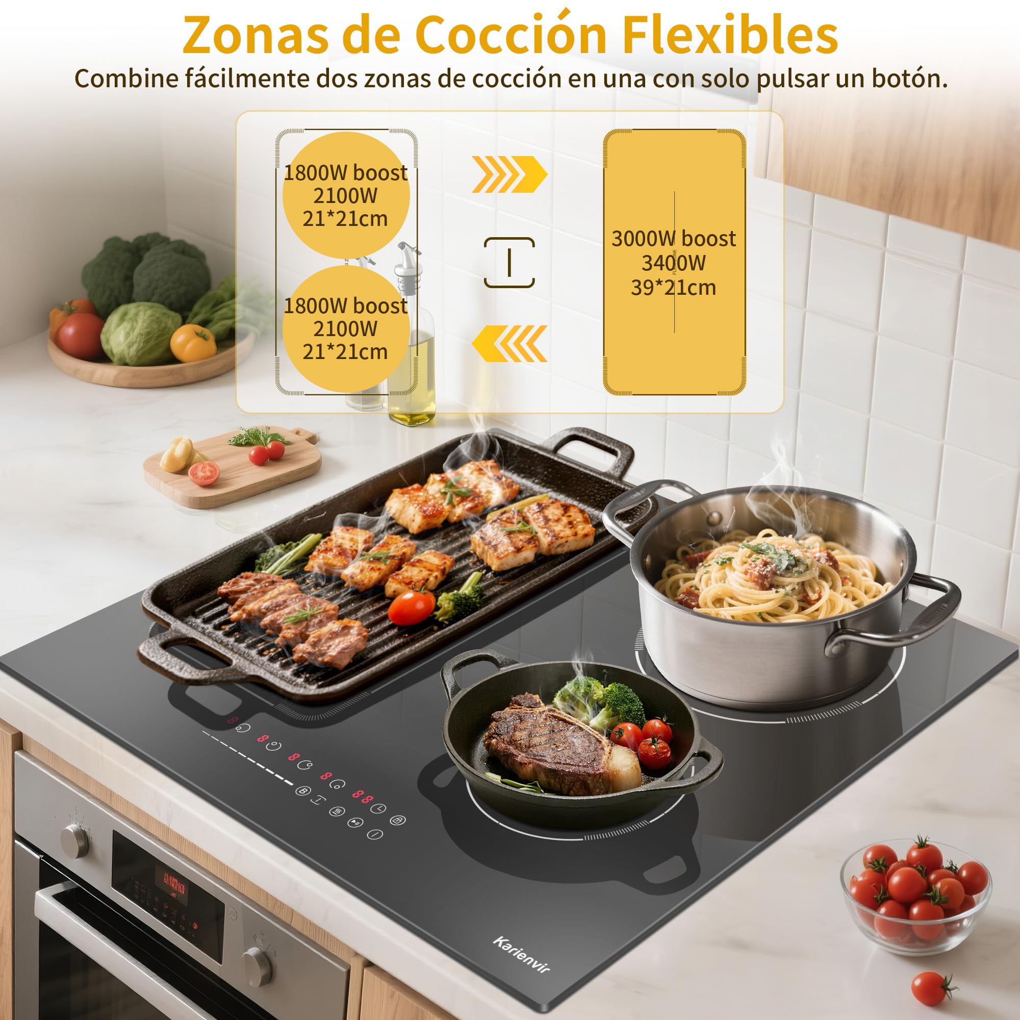 Placa Induccion 4 Fuegos 60cm, Placa de Inducción Integrada con Flexibles | Función Boost, 9 Niveles de Potencia, Temporizador, Bloqueo de Seguridad, 3500W