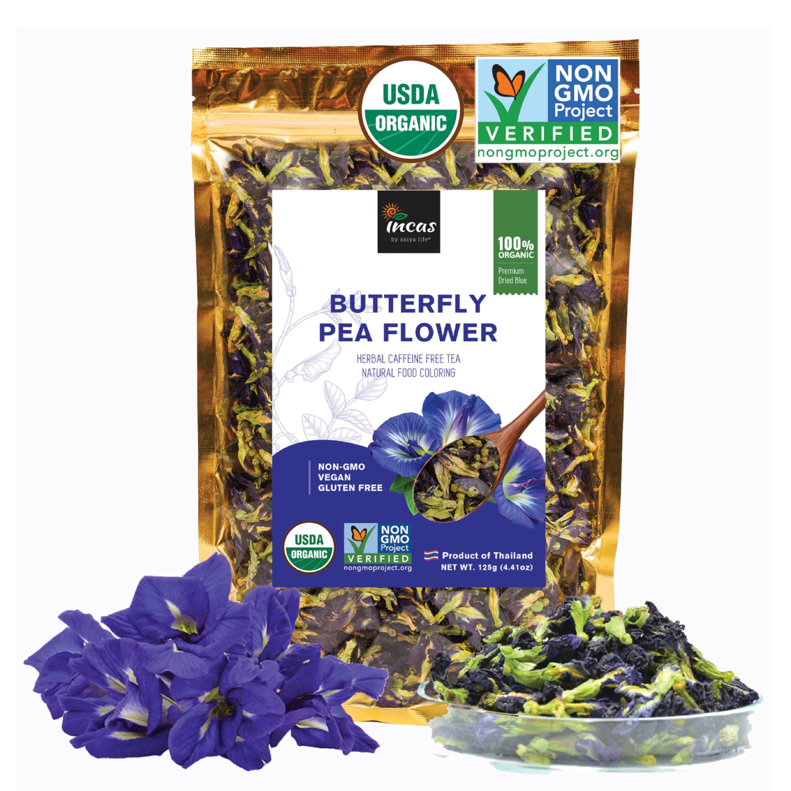 INCAS 100% USDA Organic Butterfly Pea Flower 4.41 oz (375+ Cups) DIRECT FROM SOURCE Thailand Non GMO Verified Dried Caffeine Free Gluten Free Vegan Rich in Antioxidants Free eBookINCAS 100% USDA Organic Butterfly Pea Flower 4.41…