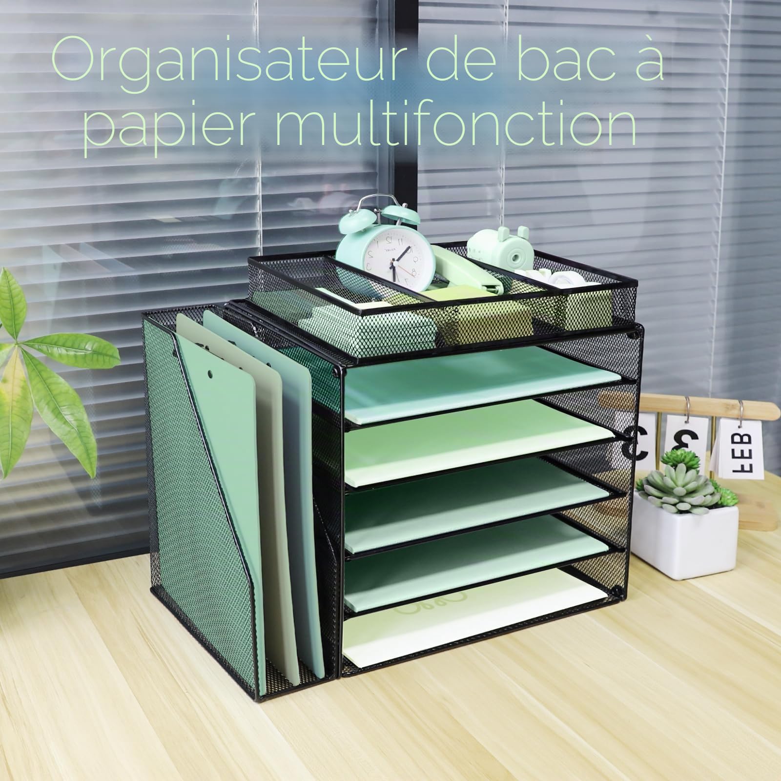 Organiseur de bureau à 5 niveaux avec trieur de fichiers vertical supplémentaire, bac à courrier avec support de tiroir pour papeterie, plateaux de classement de bureau A4, porte-magazines et