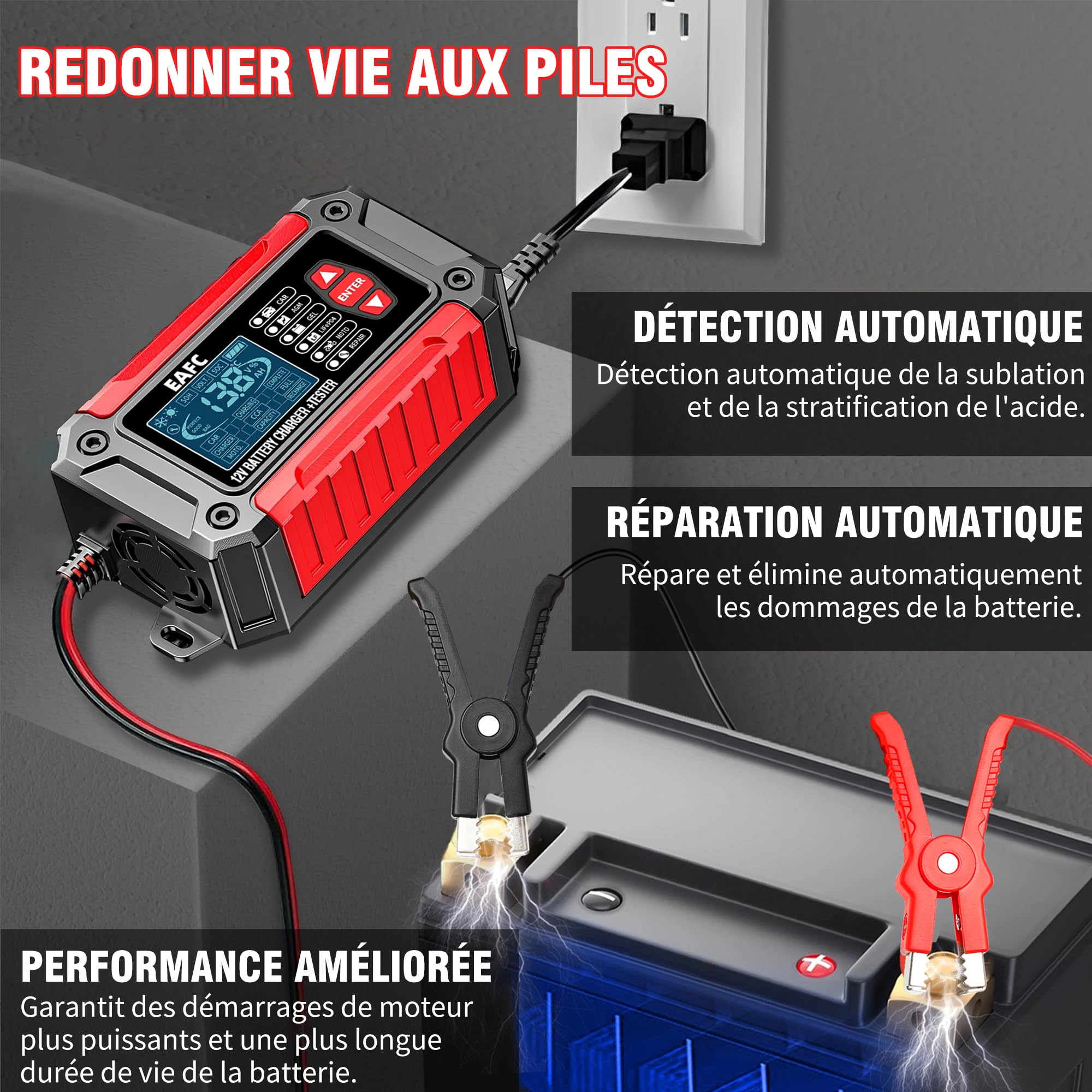 Testeur de Batterie de Voiture et Chargeur de Voiture Tout-en-Un EAFC12V6A Testeur de Batterie Chargeur pour Moto, Camion, AGM LiFePO4 Outil de Diagnostic de Batterie