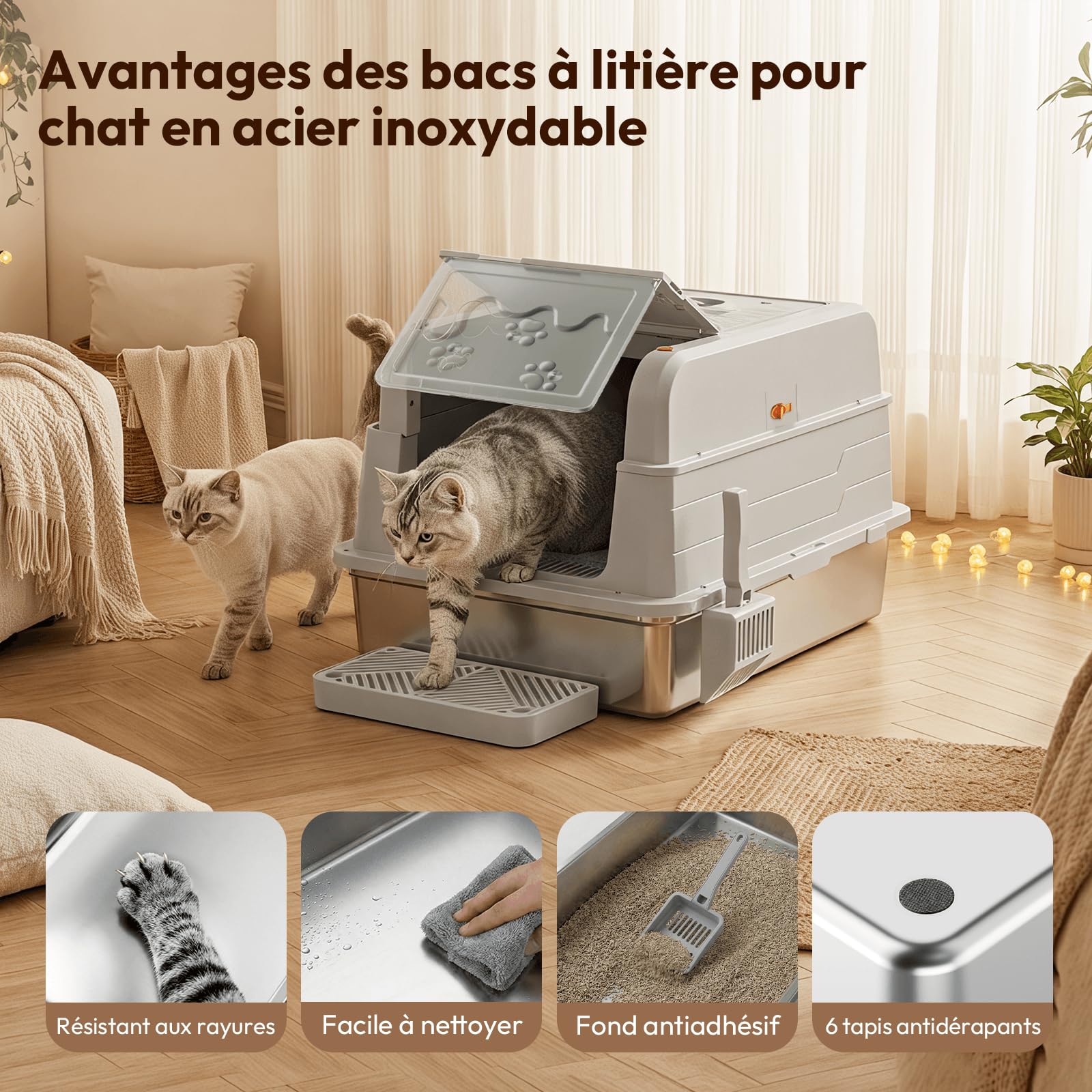 JUMMICO 120L bac à litière pour Chat XXXL, bac litière pour Chat en Acier Inoxydable 3 en 1 (Ouvert/Semi-fermé/fermé) avec Couvercle Rabattable 150°, Anti-Rayures et Anti-fuites, Plateau Anti-Sable