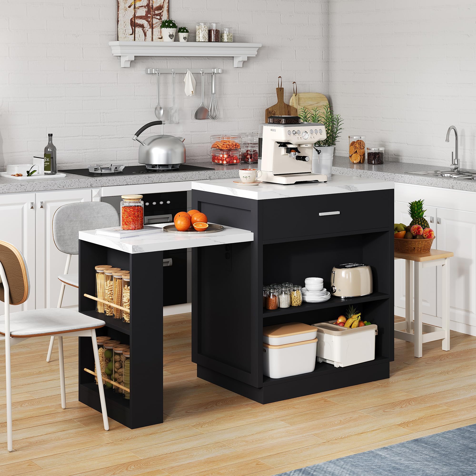 Isola da cucina con tavolo da pranzo allungabile per 4-6 persone,prese elettriche,armadietti,2 cassetti e 2 ripiani aperti sui lati,tavolo con piano d'appoggio bianco,armadietti neri