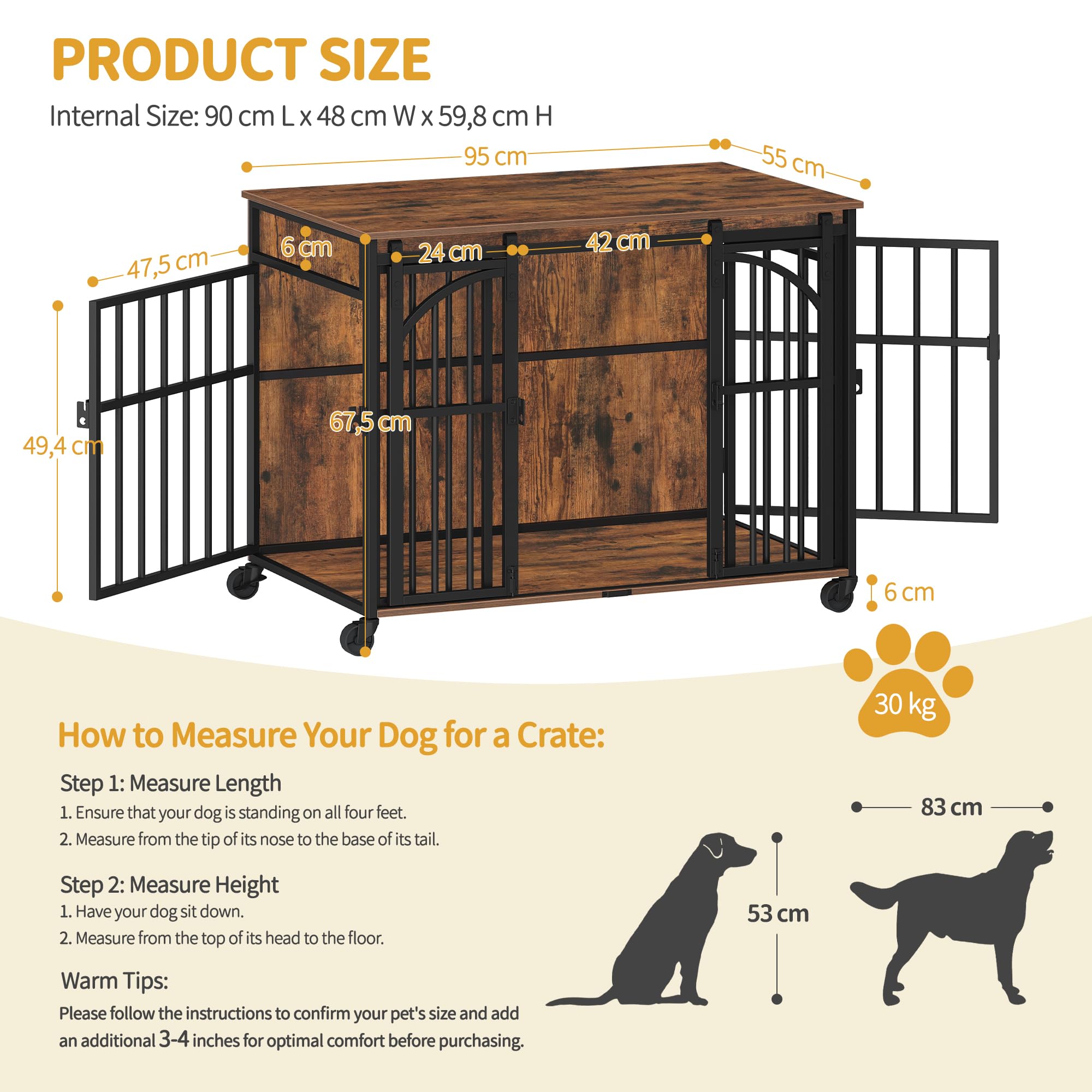 Hzuaneri Cage pour Chien avec roulettes Pivotantes à 360°, Caisse avec Porte Coulissante, Moderne en Bois pour Chiens de Petite et Moyenne Taille, pour Une Utilisation en Intérieur, Marron Rustique