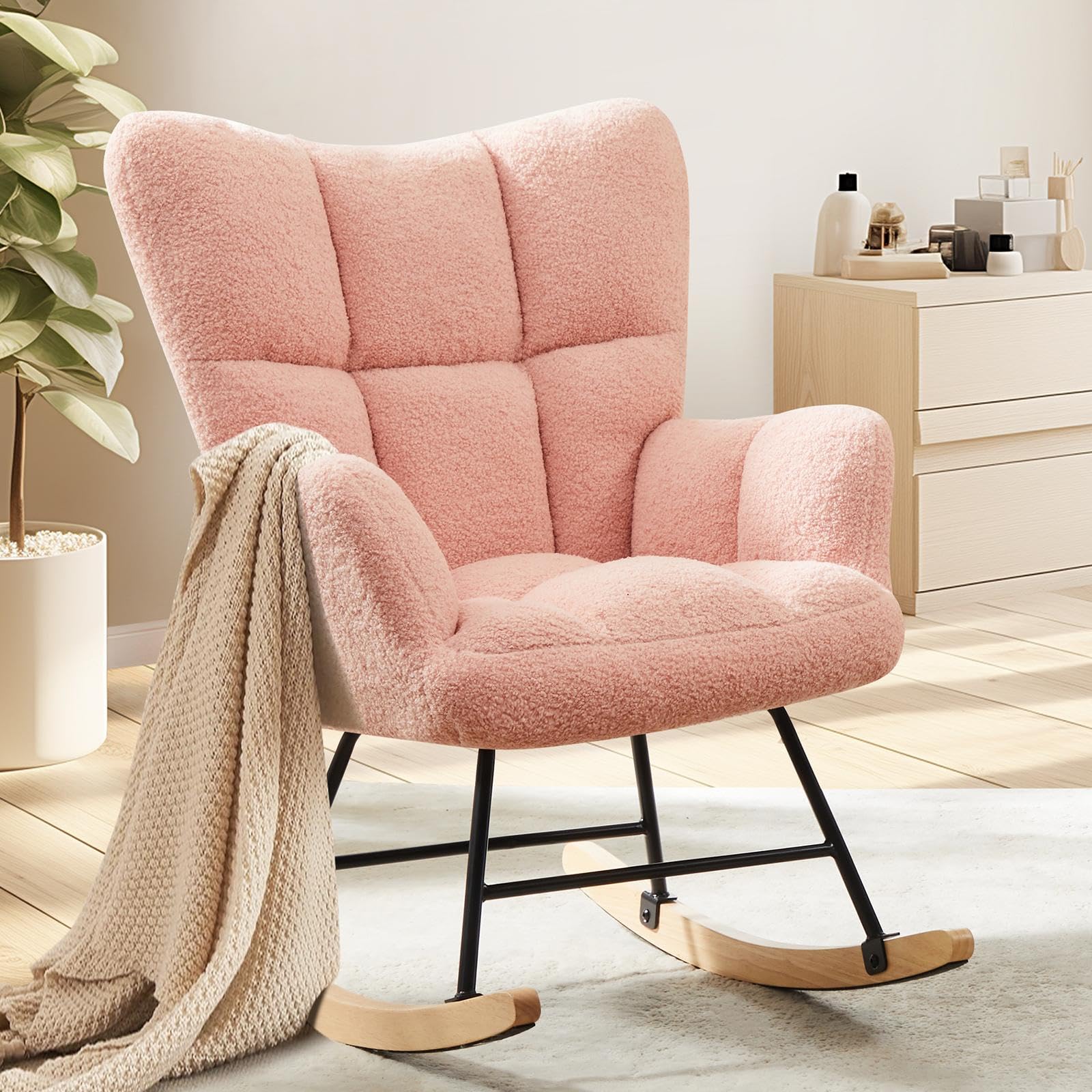 YSSOA Rocking Chair Nursery Teddy - Upholstered Comfy Glider Rocker with High Back Armchair, Cozy Reading Recliner Fluffy Comfortable Chair for