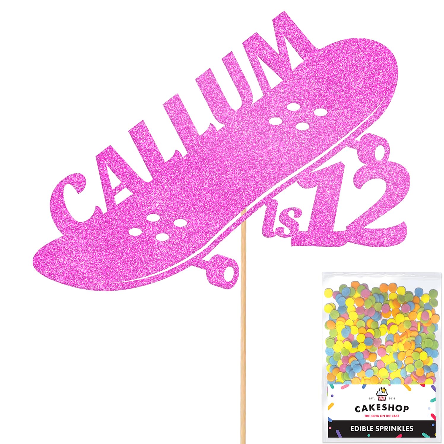 Personalised Skateboard Skater Glitter Cake Topper- Light Pink Any Custom Age & Name Glitter Cake Decoration and Sprinkles - Happy Birthday Decorations - Personalised Toppers for Cakes by Cakeshop — image 1