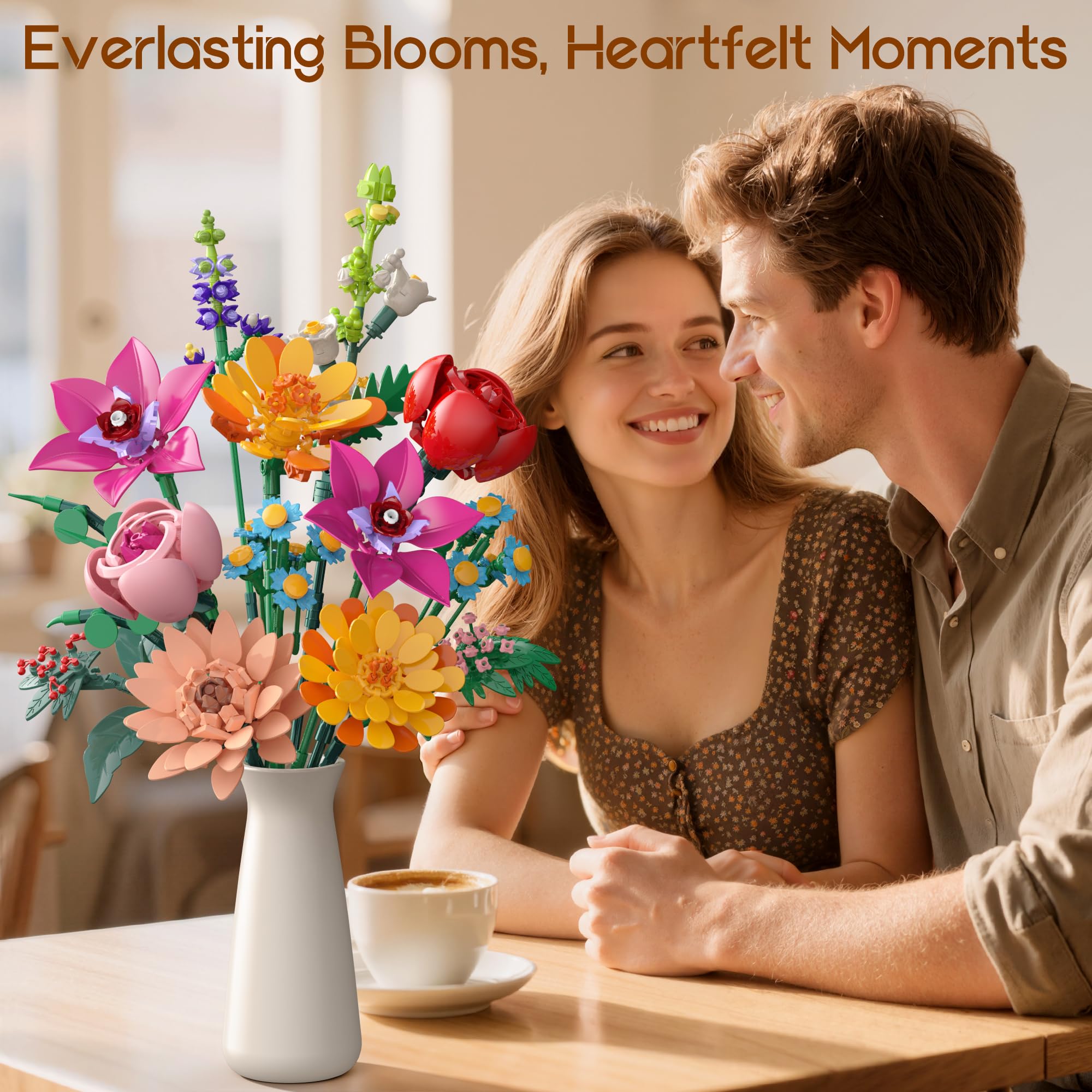 Kit de Construcción Ramo de 13 Flores Artificiales, 887 Pcs con Flowers Roses para Decoración Hogar y Oficina, Regalo Día de la Madre, San Valentín y Cumpleaños Niños 6+/Adultos