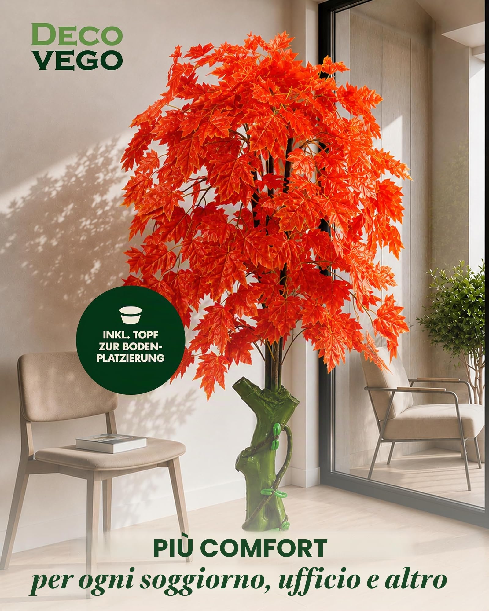 Decovego Acero Pianta Albero Artificiale Plastica 180cm Foglie Rosse
