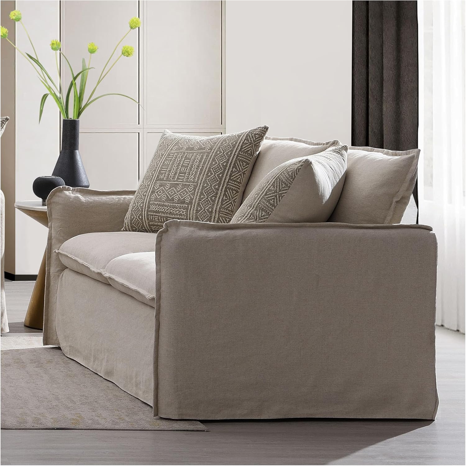 Beige Linen Loveseat with Removable Cushions and Wood Frame