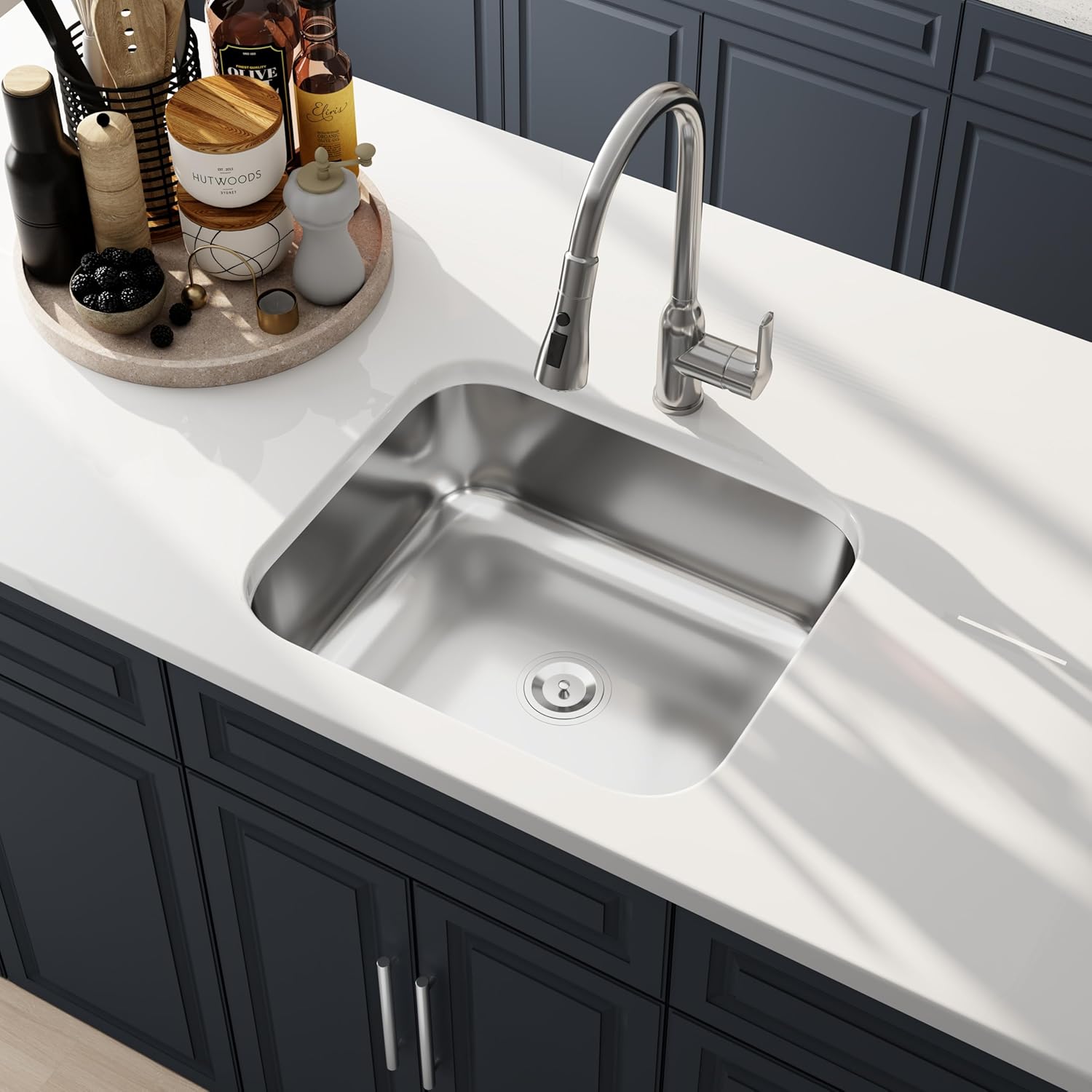 23 Inch Undermount Single Bowl Kitchen Sink, 18 Gauge 304 Stainless Steel Curved Shape Commercial Grade Satin Finish Kitchen Sinks, Strainer Included, 23" x 18" x 9"