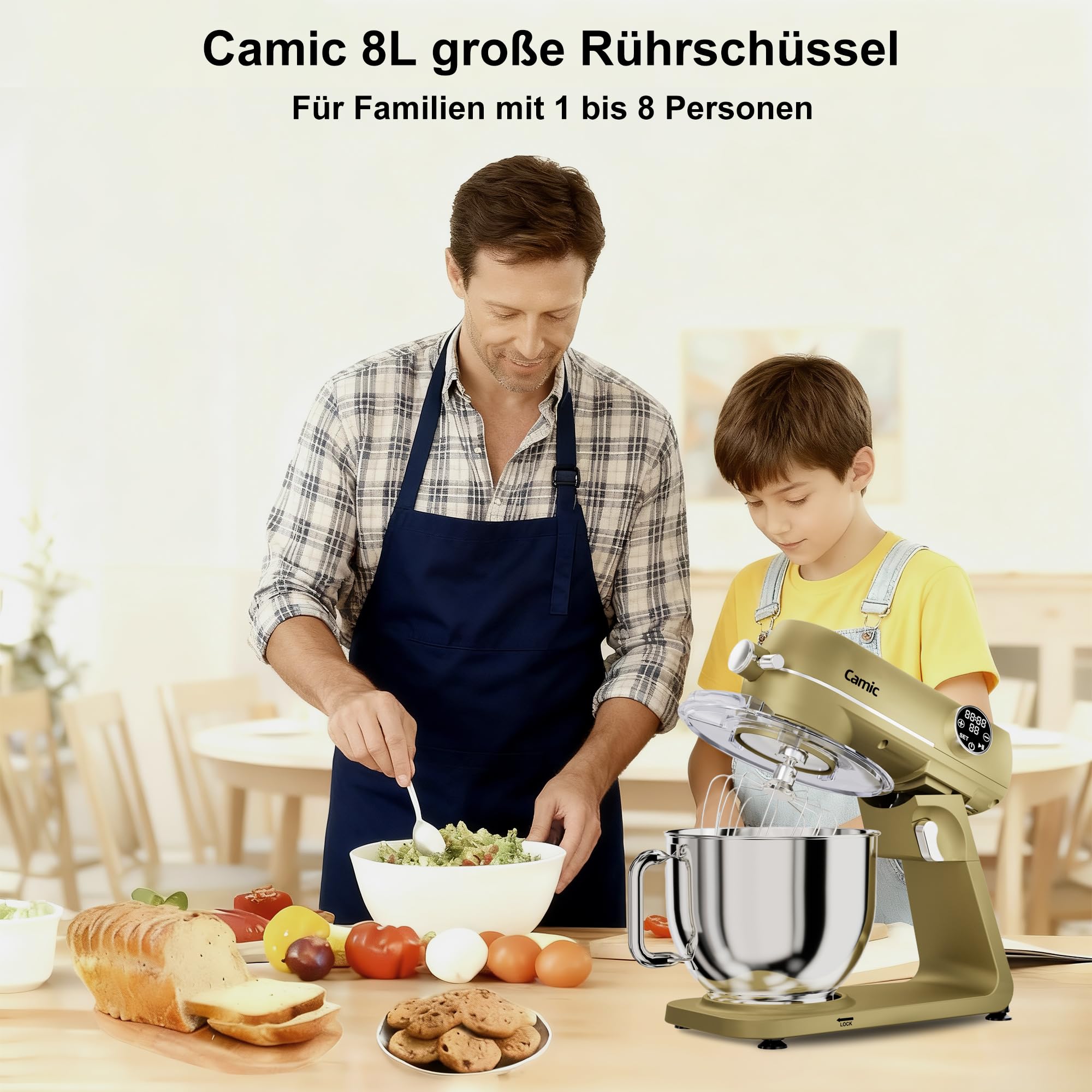 Camic Küchenmaschine 1800W, 8L Knetmaschine aus Vollmetall mit 10 Stufen, digitaler Touchscreen, Timer, Teigmaschine mit Schneebesen, Knethaken und Rührbesen zum Backen von Kuchen, Keksen und Brot
