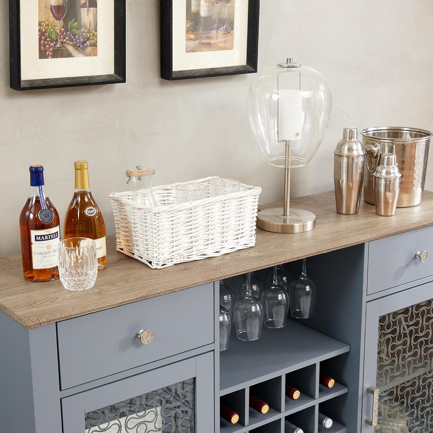 Modern Sideboard Farmhouse Buffet Cabinet with 2 Drawers, Elegant Glass Door Cabinets, Wine and Glass Rack, Coffee Bar for Dining Room, Living Room, Hallway, Light Blue