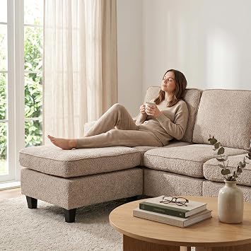 JIEXI 3+1-Seater Sofa with Ottoman, Freely Combinable Living Room Sofa made of Teddy Fleece, Breathable, High Load Capacity 230 kg, Including Side Pocket, Sofa for Living Room, Bedroom, Office - Khaki