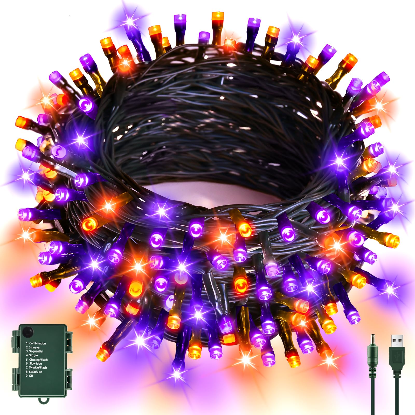 cshare Halloween Decorations Fairy Lights, 20Ft 60LED Orange-Purple USB/Battery String Lights with Timer Waterproof for Outdoor Indoor Autumn Fall Halloween Decorations-Green Wire — image 1