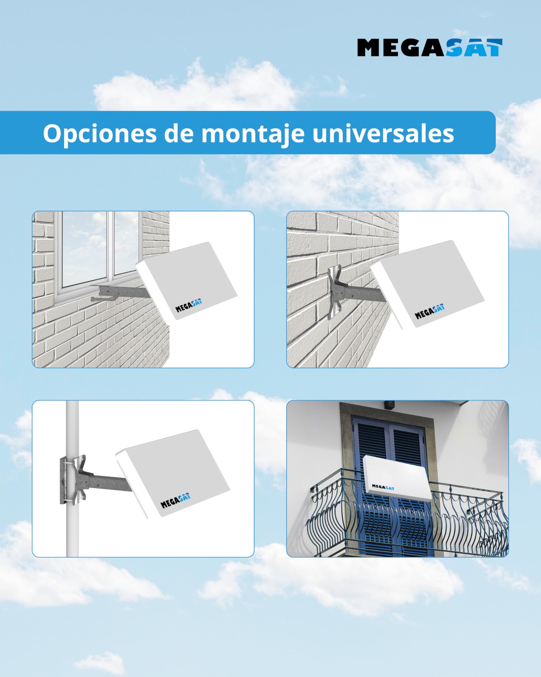 Megasat Antena Plana Set – D1 Profi-Line (1 Usuario, Incl. 10 m de Cable, buscador de satélite, pasacables para Ventana, LNB Intercambiable, múltiples Opciones de Montaje) – Blanco