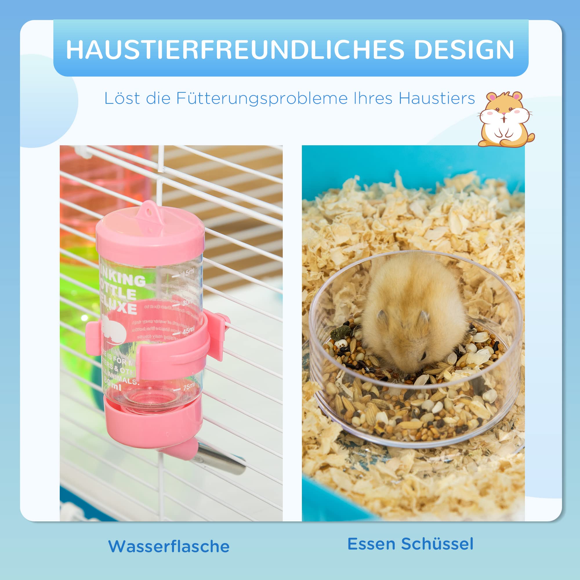 PawHut Hamsterkäfig 5 Etagen für Hamster 59 x 36 x 69 cm Hellblau+Weiß | Nagerkäfig, Kleintierkäfig aus Stahldraht, Laufrad, Rampe, Trinkflasche, Futternapf, Mäusekäfig, Rennmaus
