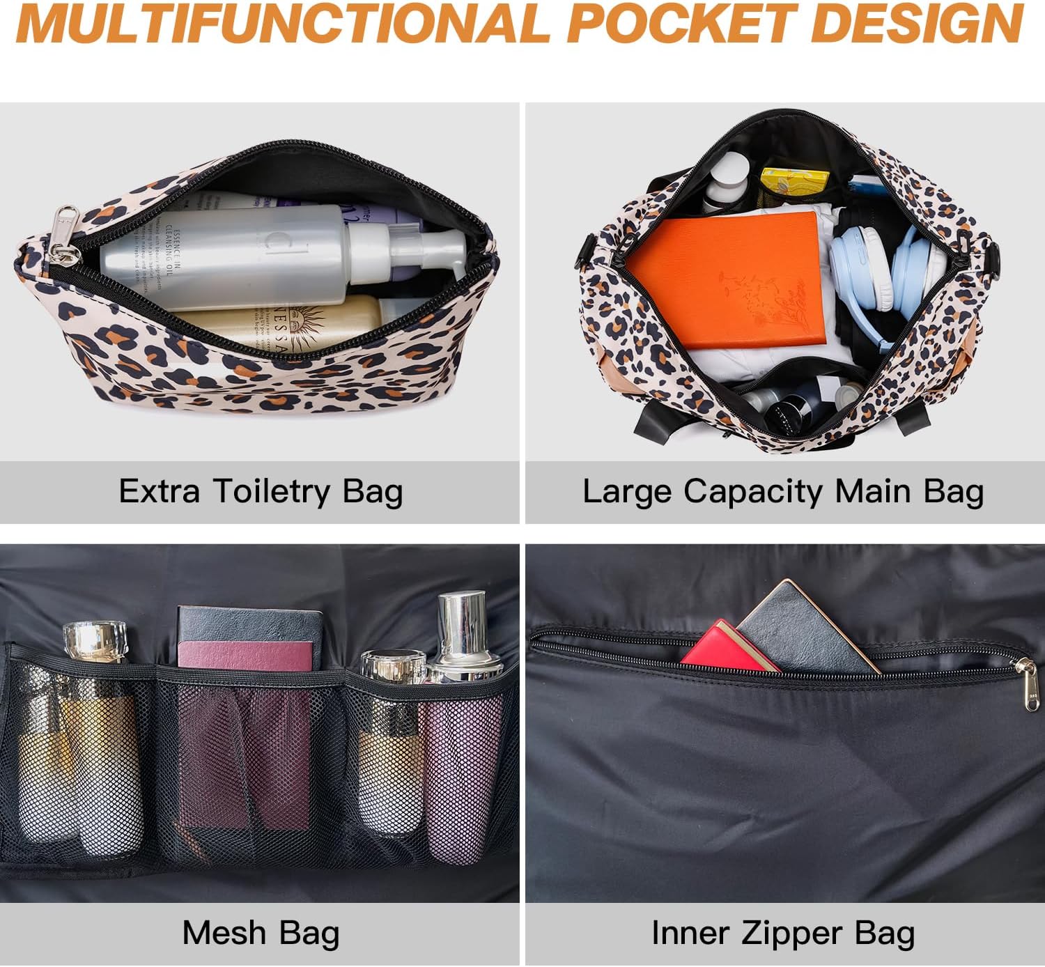 Weekender Bag Carry on Personal Item Travel Bag Expandable Gym Duffel Bag, Hospital Foldie Travel Tote Bags for Women with Shoe Compartment & Wet Pocket & USB Charging Port (Big leopard print) - Image 4