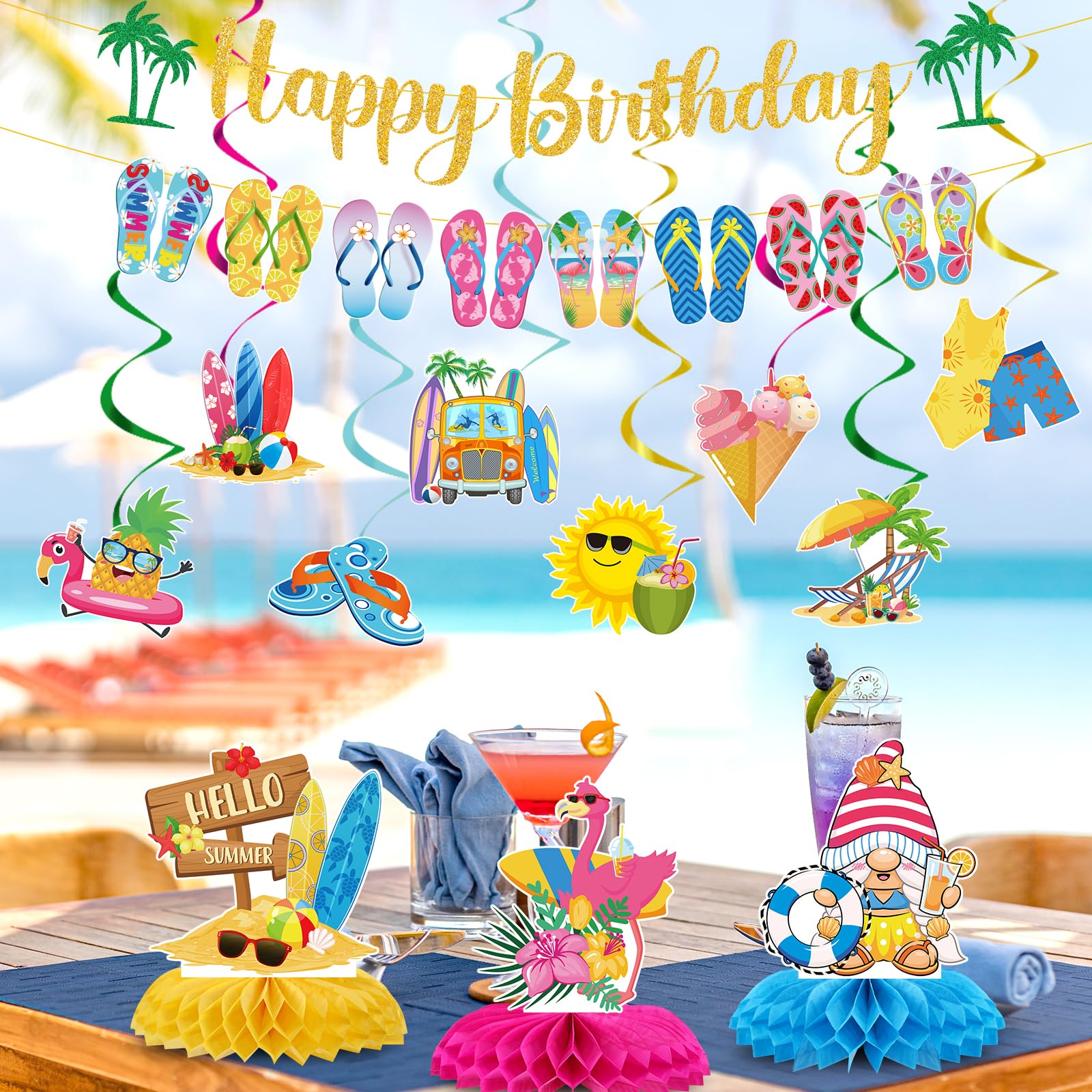 VorkiVecKi Decoraciones de fiesta de cumpleaños de verano, juego de 13 piezas de decoración de remolinos colgantes para piscina de playa, para niños, suministros de pancarta de Hello Summer Slip Flop