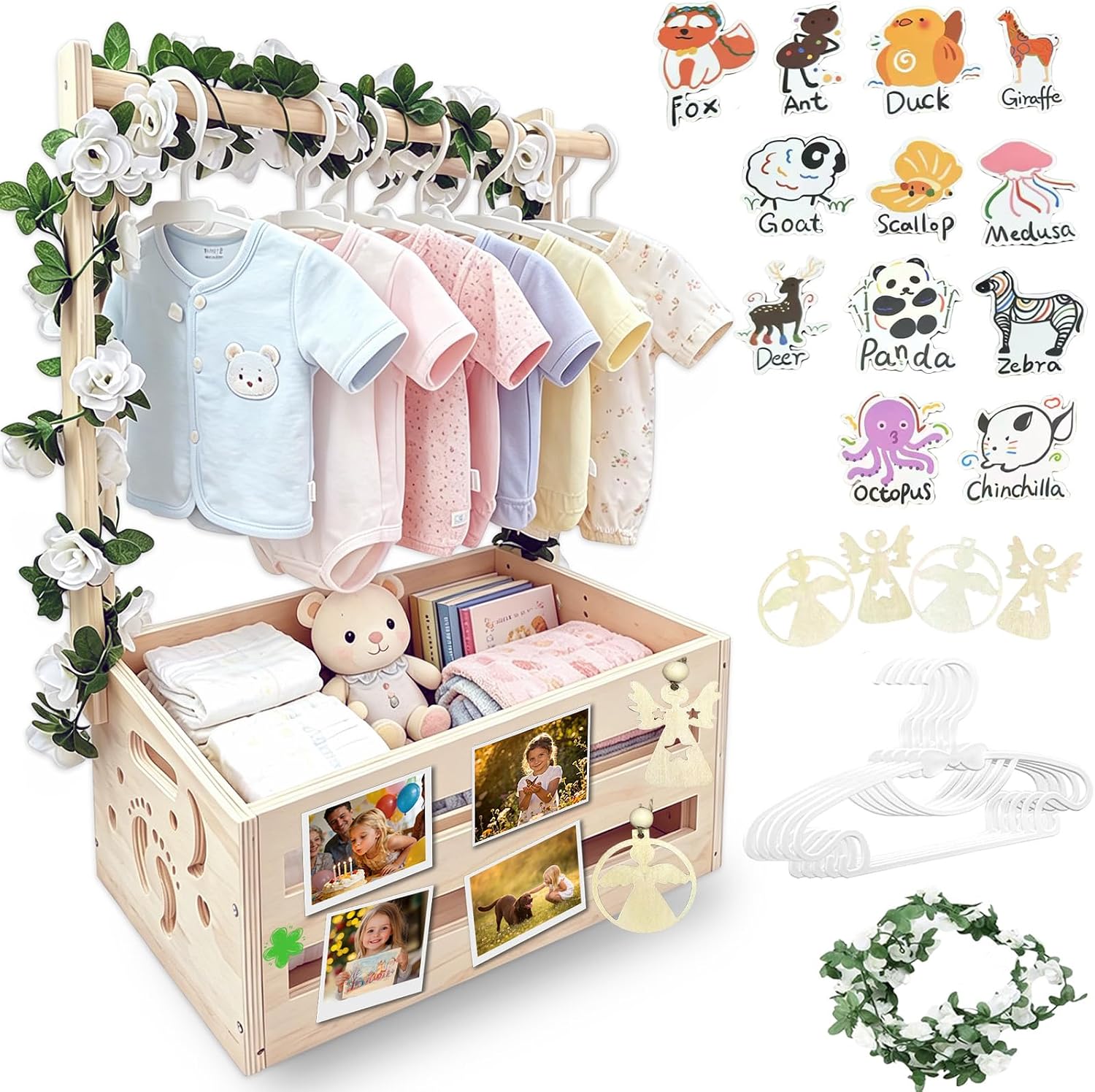 Wooden Baby Shower Crate Closet with Clothes Hanging Rod and Garland, Natural Wood Baby Basket Gift Organizer for Newborn Nursery, Easy Assembly Storage Bin with Hangers & Cute Animal Stickers