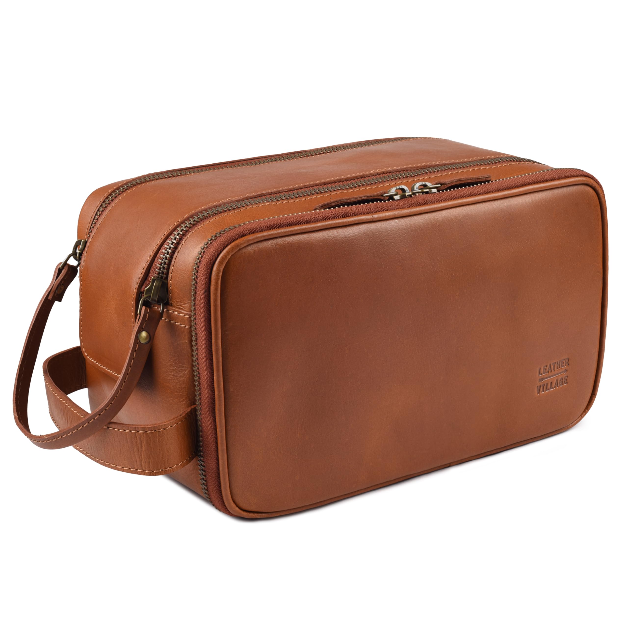 LEATHER VILLAGE Borsa da toilette Dopp in pelle per uomo e donna, marrone | Borsa da viaggio multi tasca con scomparti multipli con cerniera, spaziosa e resistente organizer per articoli da toeletta e